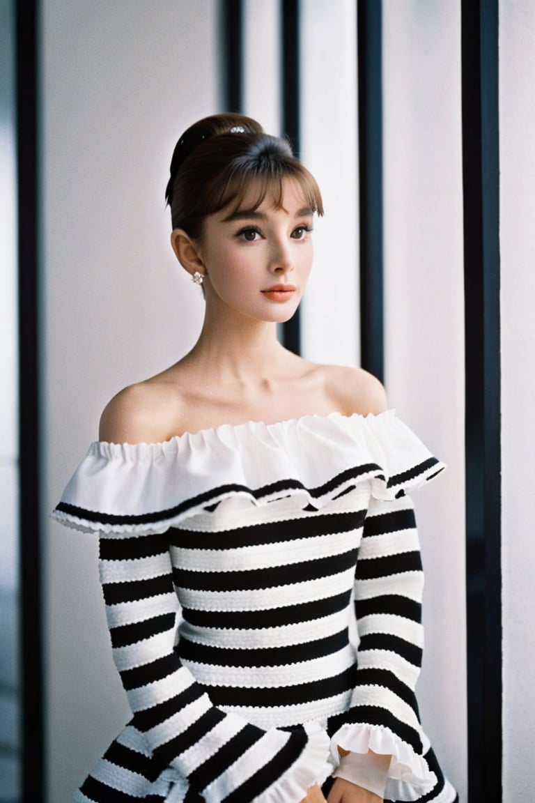 (masterpiece, best quality, hyper realistic, raw photo, ultra detailed, extremely detailed, intricately detailed),(photorealistic:1.4),(photography of Audrey Hepburn wearing a fashionable Striped off-the-shoulder ruffle hem dress,  designed by Hubert de Givenchy, ), excited, amused, striped long sleeve shirt, sexy, beautiful, young, dslr, 8k, 4k, ultrarealistic, realistic, natural skin, textured skin, 60s, Pantheonfashion,<lora:Breakfast at Tiffany's XL:0.8>,