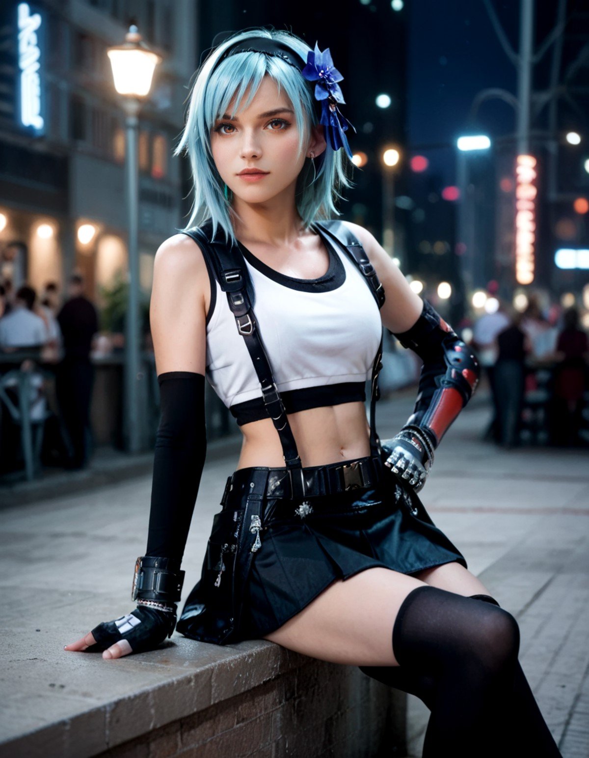 score_9, score_8_up, score_7_up,eula wearing t1fa outfit, solo,short blue hair, black hairband,hair flower ornament,sitting extended legs,hand on hip,city lights,blurry background, <lora:tifa:0.9>