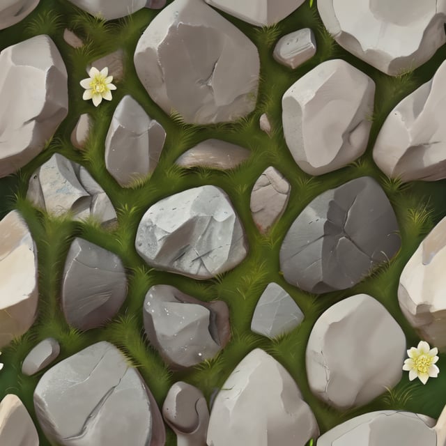 wowtexture of small grey rocks on green grass,  white flowers,  seamless by Oliver DR on Tensor.Art