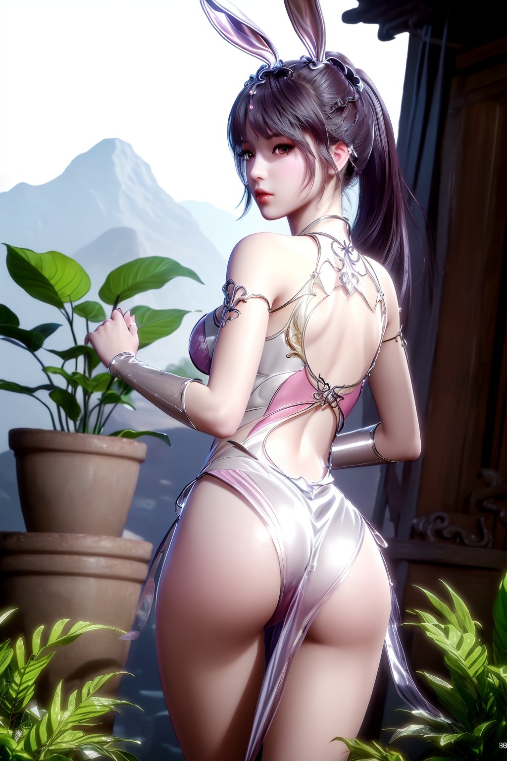 standing, dress, chinese_clothes, long_sleeves, (ass:1.3), from_behind, (scenery,  east_asian_architecture, potted_plant,  plant),1girl, animal_ears, rabbit_ears, solo, hair_ornament, veil, ponytail, jewelry,  fingernails, nail_polish, makeup,photo_\(medium\),(8k, RAW photo, best_quality), (masterpiece:1.2),(realistic:1.2), (photorealistic:1.3),(ultra-detailed),(extremely_detailed_cg_8k_wallpaper),(crystal_texture_skin:1.3), (shiny:1.2),(shiny_skin:1.4),(extremely_delicate_and_beautiful),<lora:syqiangk_加强_重置_小舞_成年_海神岛脸_C9_5.2:0.8>,