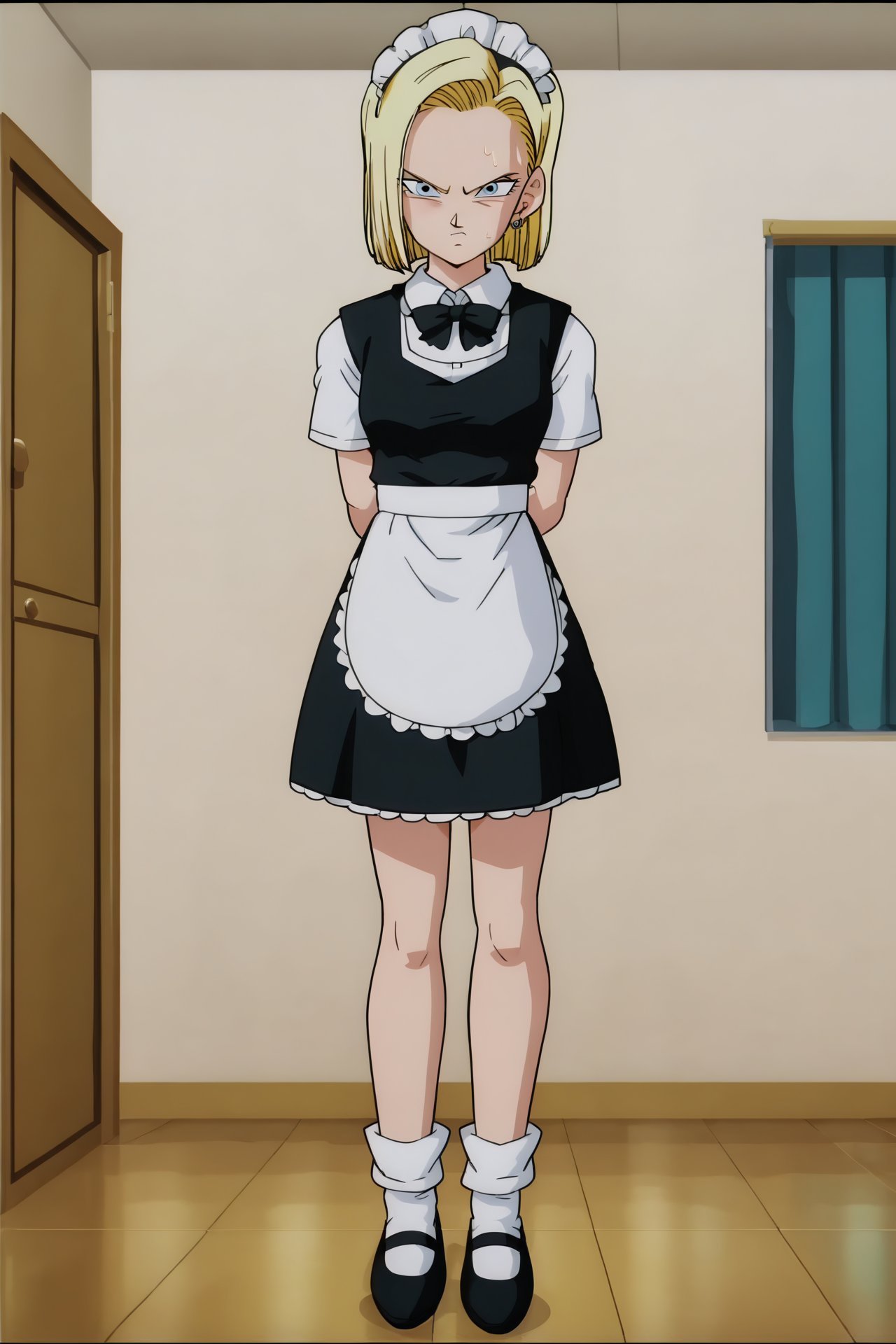 source_anime, score_9, score_8_up, score_7_up, anime screencap,detailed face, android 18, 1girl, solo, looking at viewer, short hair, blue eyes, blonde hair, maid school uniform, annoyed, embarrassed, indoors,  <lora:c18_pony_v1:0.8>