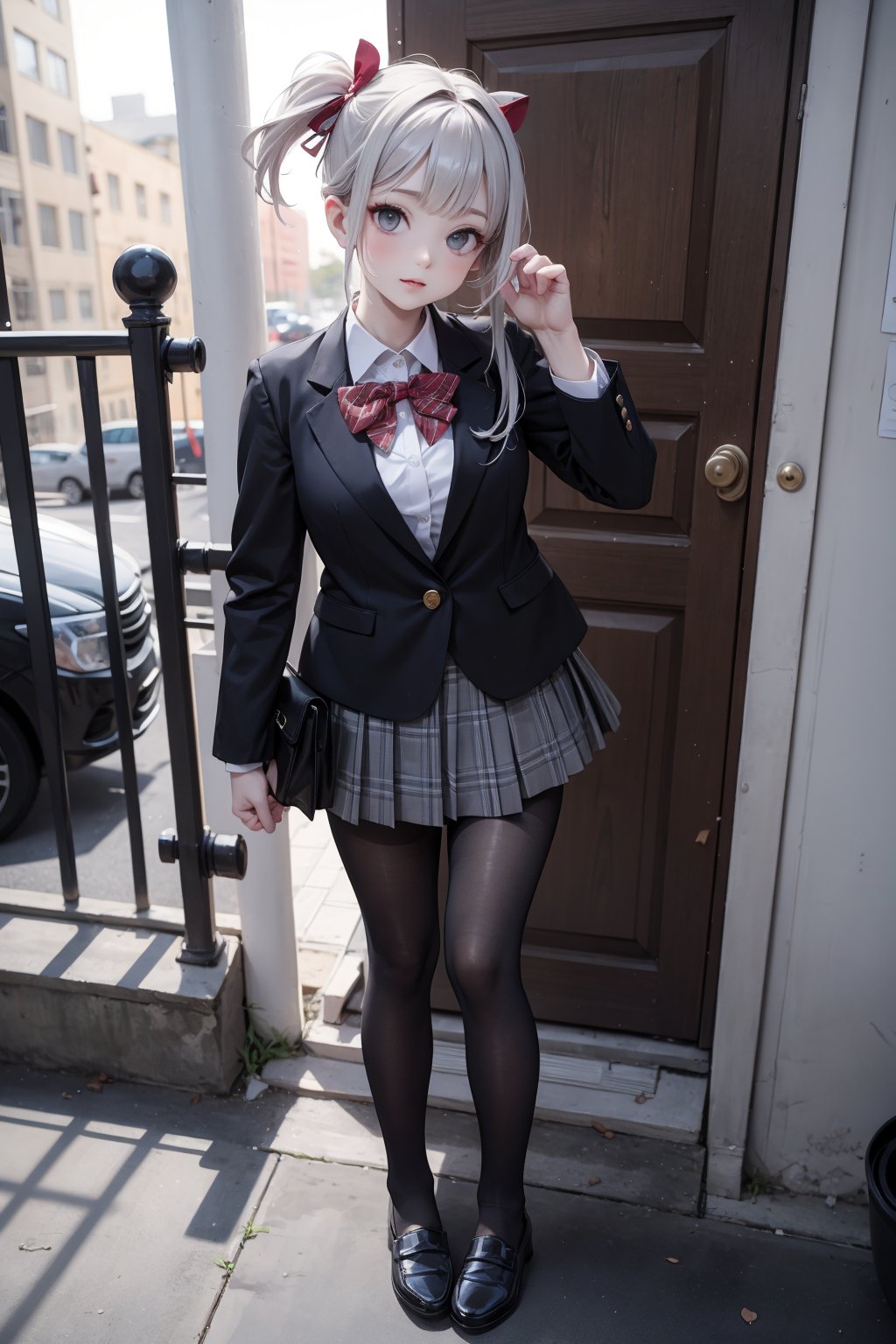 ,masterpiece,best quality,1girl,solo,gothic style,full body,makeup,beautiful_detailed_eyes,braided ponytail,streaked hair,fang_out,nail_polish,blazer,school uniform,plaid_skirt,leggings,black_loafers,bracelet,hairband,cat_on_head,