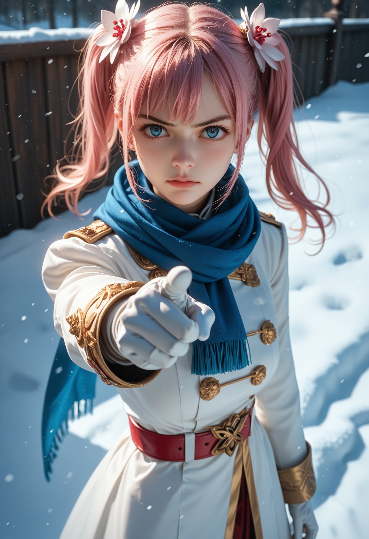 1girl,solo,pink hair,twintails,hair ornament,hair flower,white robes,long sleeves,gold trim,feather trim,white gloves,red belt,blue scarf,breasts,winter,snow,blue sky,looking at you,annoyed,from above,pointing at you,, cinematic film still,score_9,score_8_up,score_7_up,dramatic lighting,(realistic:1.3),highly detailed,high budget,bokeh,cinemascope,moody,epic,gorgeous,film grain,grainy,masterpiece,best quality,perfect anatomy,very aesthetic,official art,8k,