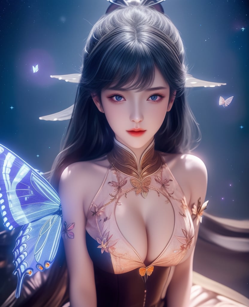 <lora:斗罗大陆-唐舞桐-海神缘:0.8> (,1girl, ,best quality, ),looking at viewer,  ,ultra detailed background,ultra detailed background,ultra realistic 8k cg, ,masterpiece, (( , )),,  fiction,mole, , ,      ,, 1girl,butterfly sitting,  night, star_\(sky\)(cleavage),