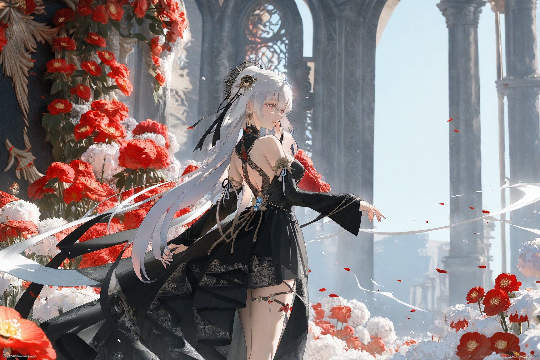 amazing quality, best quality, 1girl, solo, long hair, breasts, bangs, hair ornament, red eyes, long sleeves, dress, ribbon, jewelry, standing, flower, white hair, earrings, detached sleeves, black dress, veil, <lora:void:1>