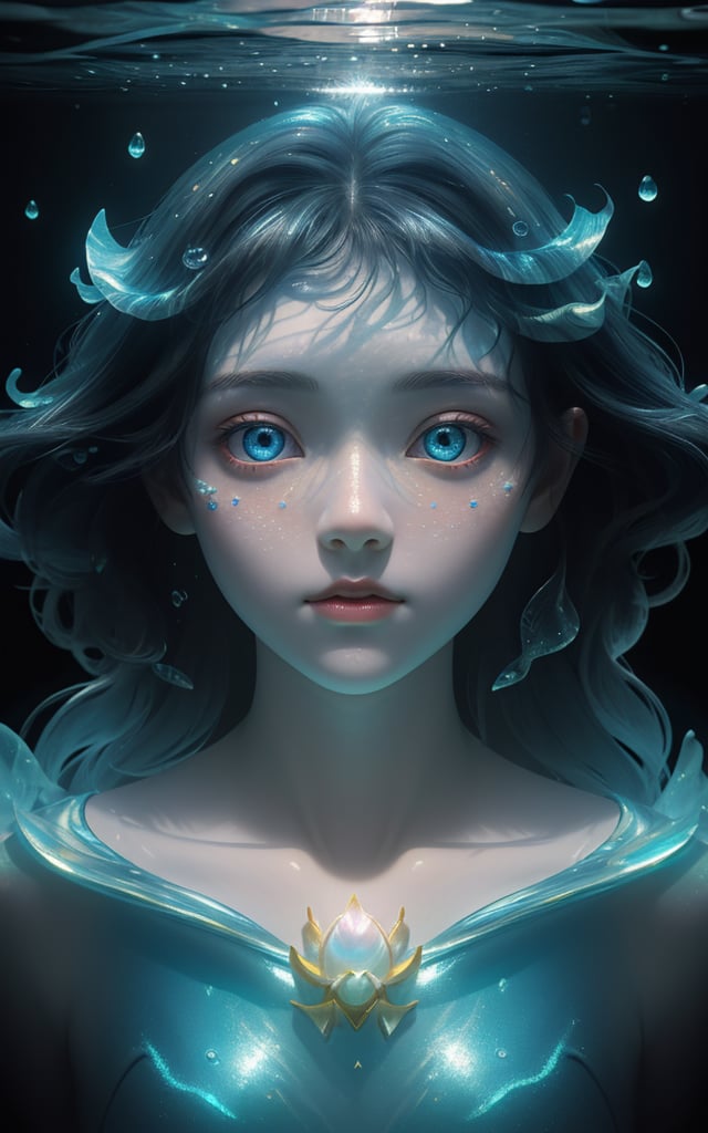 fantasyArt,girl swims underwater,hyper detailed render style,glow,yellow,blue,brush,surreal oil painting,shiny eyes,head closeup,exaggerated perspective,tyndall effect,water drops,mother of pearl iridescence,holographic white,black background,