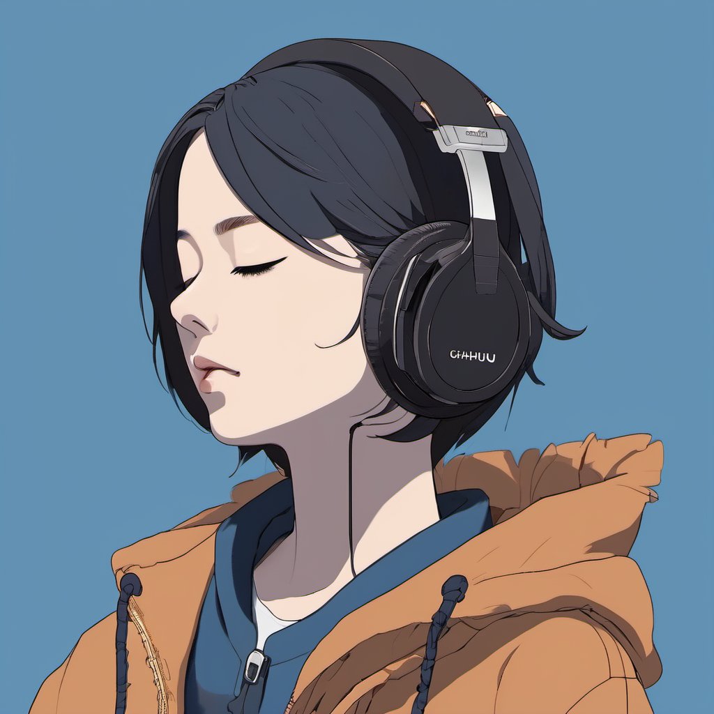 chahua, 1girl, solo, headphones, short hair, hood, closed eyes, blue background, simple background, hood down, upper body, brown hair, profile, signature, black hair, hoodie, masterpiece, best quality,