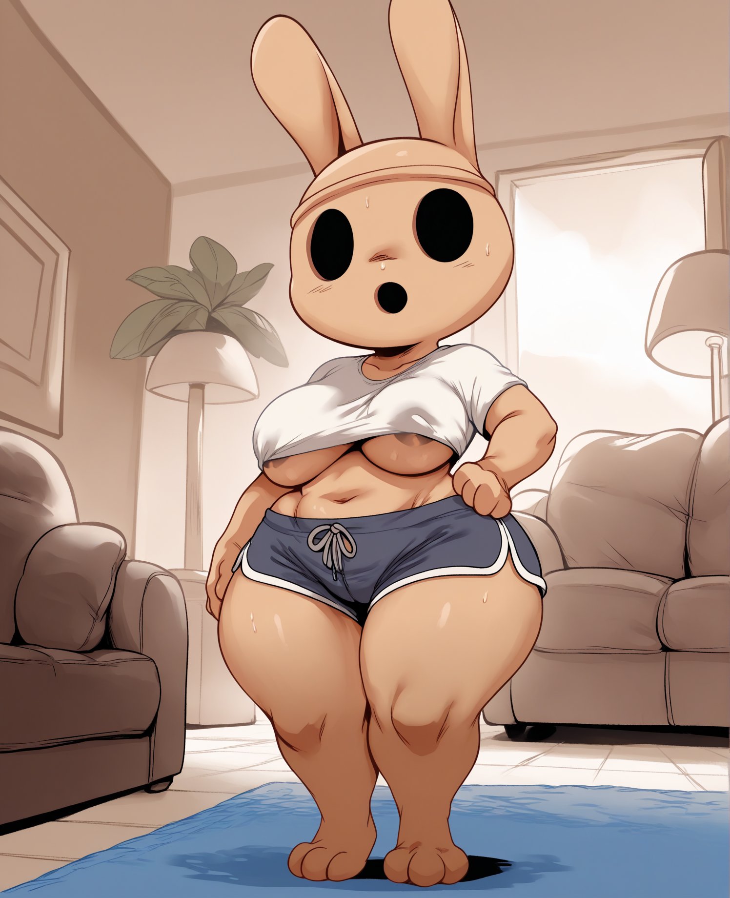 score_9, score_8_up, score_7_up, score_6_up, score_5_up, score_4_up, source_furry, [hews|eba], coco \(animal crossing\), gyroid, lagomorph, leporid, mammal, rabbit, 3 toes, anthro, areola, areola slip, black eyes, bottomless, breasts, brown body, clothed, clothing, featureless hands, feet, female, genitals, hand on hip, hollow eyes, noseless, solo, toes, topwear, under boob, wide hips, shorts, (shortstack, short stack:1.3), inside, living room, couch, sofa<lora:coco_pdxl:1>