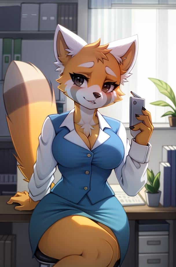 1girl, RetsukoCzar, (two-toned fur, orange fur, black eyes, whiskers, animal ears, racoon tail, striped tail, snout), (blue skirt, white long-sleeved shirt, blue vest, office lady), (interior, office), (masterpiece:1.2), hires, ultra-high resolution, 8K, high quality, (sharp focus:1.2), clean, crisp, cinematic, <lora:Retsuko-20:1>