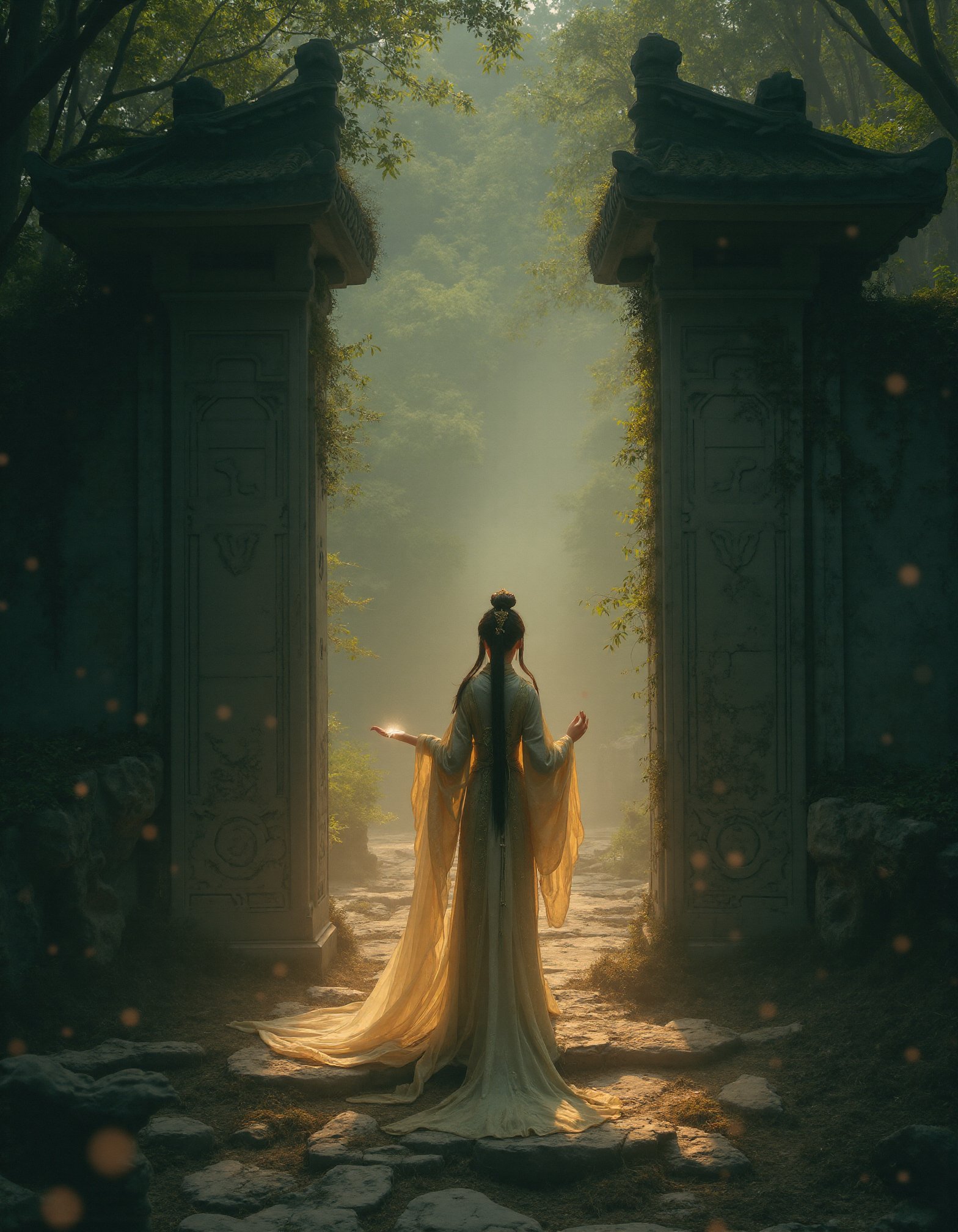 A hyper-realistic image of a beautiful young Chinese girl,dressed in a richly detailed Hanfu,standing at the entrance of an ancient,mysterious time-worn gate deep within a forgotten forest. The Hanfu she wears is adorned with intricate patterns of ancient symbols and flowing designs,the fabric shimmering with a soft,ethereal glow in the dim light that filters through the dense canopy of ancient trees above. The colors of her attire are deep and muted,reminiscent of the earth and the passage of time,yet they hold a subtle radiance that hints at something otherworldly.,The girl stands with a posture of quiet reverence and curiosity,her body slightly turned towards the partially open stone gate before her. One of her delicate hands rests gently on the weathered stone,her fingers tracing the ancient carvings that have been etched into the gate by hands long forgotten. Her other hand hovers near her side,as if she is hesitating to step through the threshold.,The gate itself is monumental,its surface covered in thick vines and moss,with cracks running through the stone,testifying to the countless centuries that have passed. Beyond the gate,a soft,golden light spills out,casting a warm,inviting glow that contrasts sharply with the cool,shadowy tones of the surrounding forest. The light seems to pulse with an ancient energy,as if it holds the secrets of time itself.,Surrounding the gate are the remnants of a once-grand civilization,now reduced to ruins. Broken pillars,half-buried statues,and crumbling stone pathways are all that remain,giving the scene a powerful sense of history and loss. The air is thick with the scent of damp earth and aged stone,and the sounds of the forest—distant bird calls,the rustling of leaves—create an atmosphere of profound stillness and anticipation.,The girl's expression is one of awe and contemplation,her eyes reflecting the glow of the light beyond the gate,as if she is gazing into the unknown,pondering the mysteries that lie just out of reach. Her long,dark hair cascades down her back,gently tousled by a faint breeze that seems to carry whispers from the past.,The overall atmosphere of the image is both haunting and majestic,blending elements of fantasy and ancient history to create a scene that feels timeless and deeply evocative. Every detail,from the texture of her Hanfu to the weathered stone of the gate,is rendered with stunning realism,making the image immersive and captivating. The scene invites the viewer to imagine the stories and secrets that the time-worn gate might reveal.,colorful,sexy,swimming,cure beauty,super elegant,(Charming Face:1.4),dynamic_angle,