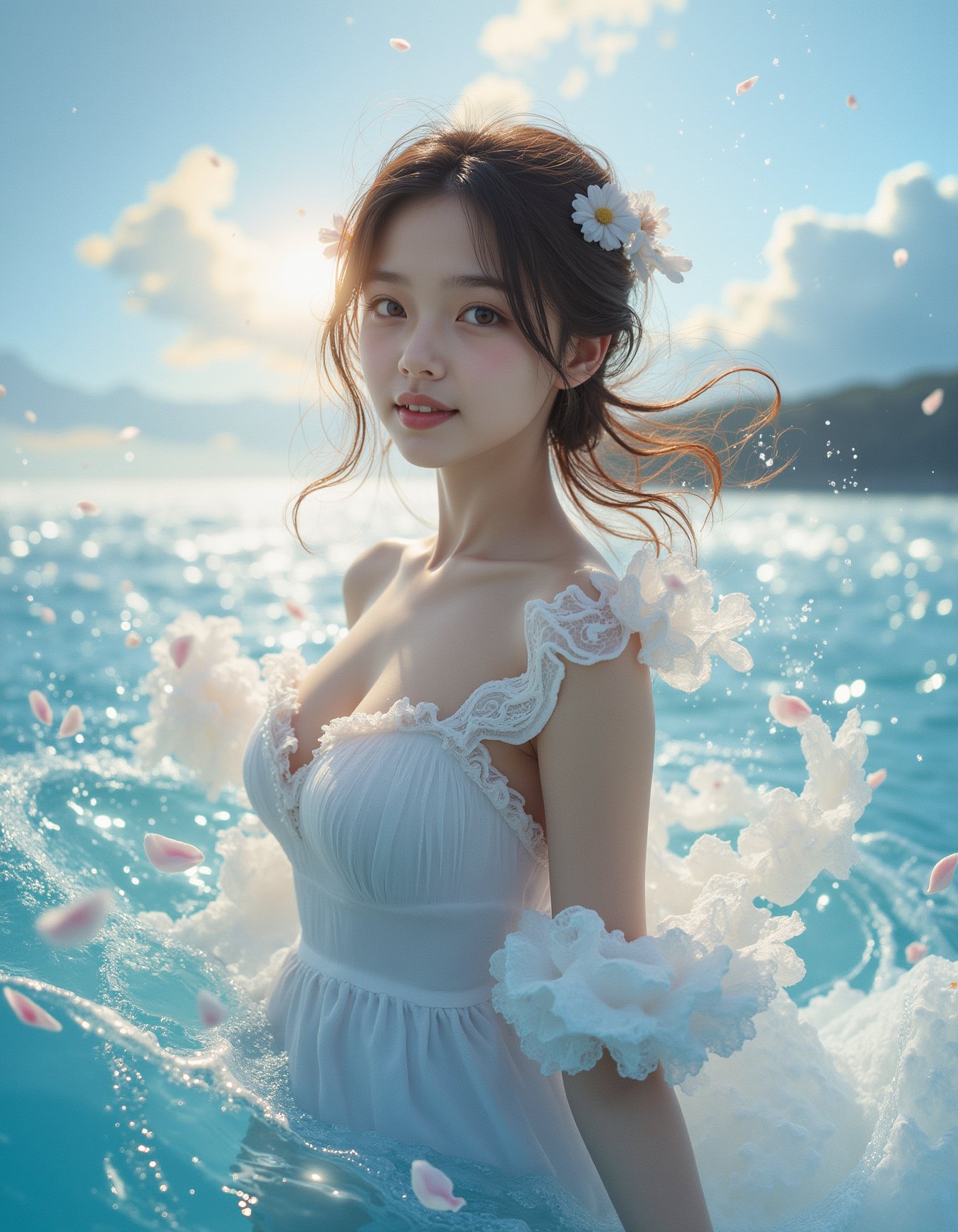 masterpieces, best quality, 1girl, upper body, sea beach, glow effect, detailed background, beautiful detailed water, beautiful detailed sky, beautiful detailed sea, detailed light, extremely delicate and beautiful girl, blue bubble, splash, wet body, fluttered detailed splashes, draped of fluttered fabric, fluttered detailed cloud, intricate detail, young girl, floating hair, flowers, sunlight, charming smile, surrounded by floating petal, glossy, raytracing, depth of field, detailed waves, reflective, crystalized, lens flare, looking at viewer, medium breasts, blushing, slim, medium buttock, detailed realistic shadow, sheen, shiny eyes, (fisheye lens)  <lora:hinaFluxAsianMixLora_v2-rev4:0.8>