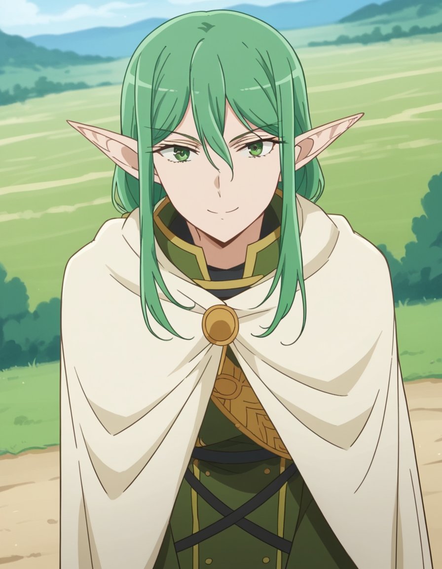 score_9, score_8_up, score_7_up, source_anime,riverialjosalf, <lora:riveria-ljos-alf-anime-ponyxl-lora-nochekaiser:1>,riveria ljos alf, long hair, hair between eyes, green eyes, green hair, pointy ears, elf,long sleeves, cloak, military uniform, uniform, green uniform,outdoors, landscape,, smile, bent over,cowboy shot, looking at viewer, solo, dutch angle,