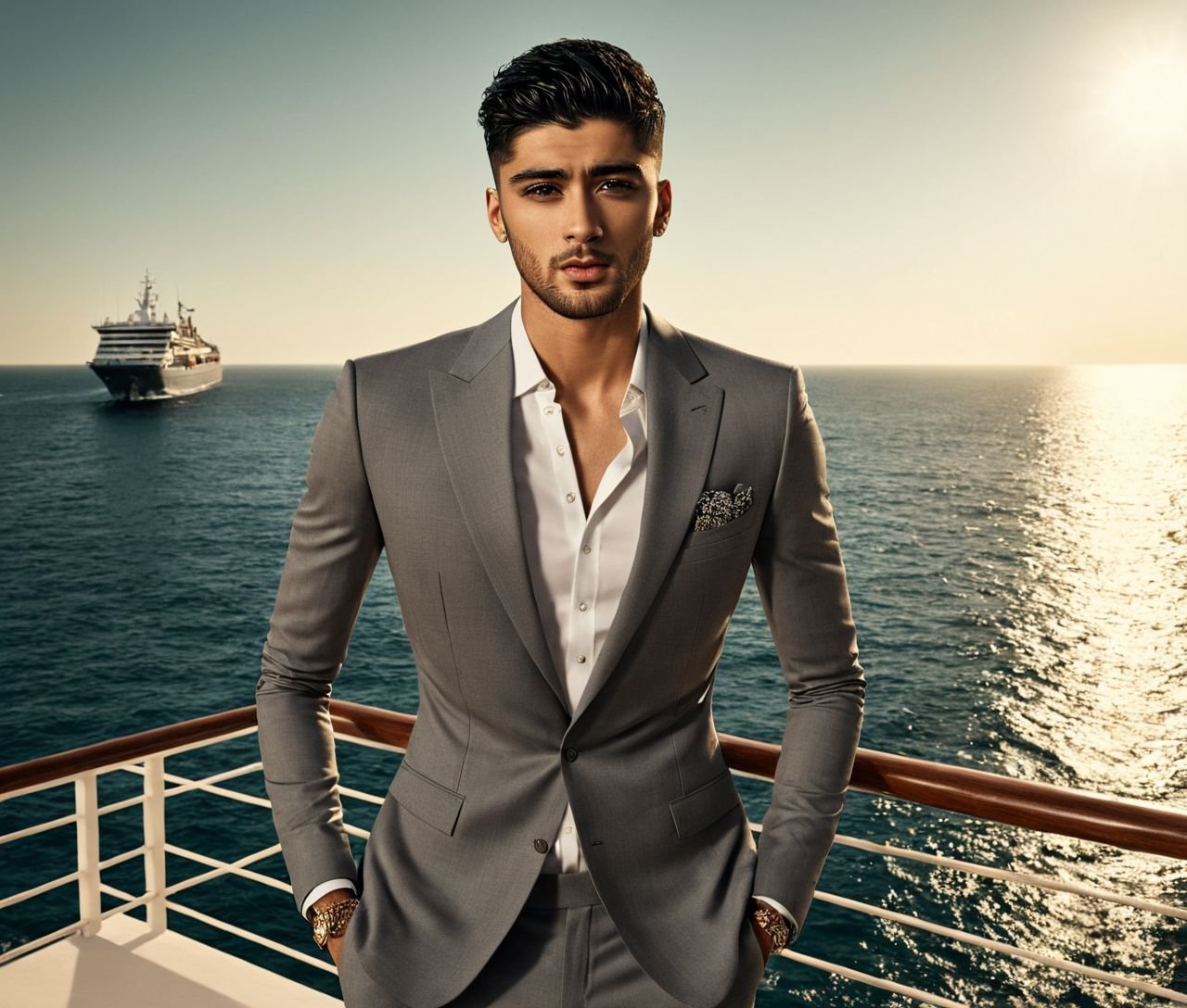 Zayn Malik a man ,  Nautical-themed of ,  in a grey suit standing on a balcony by HottiesnHotties on Tensor.Art