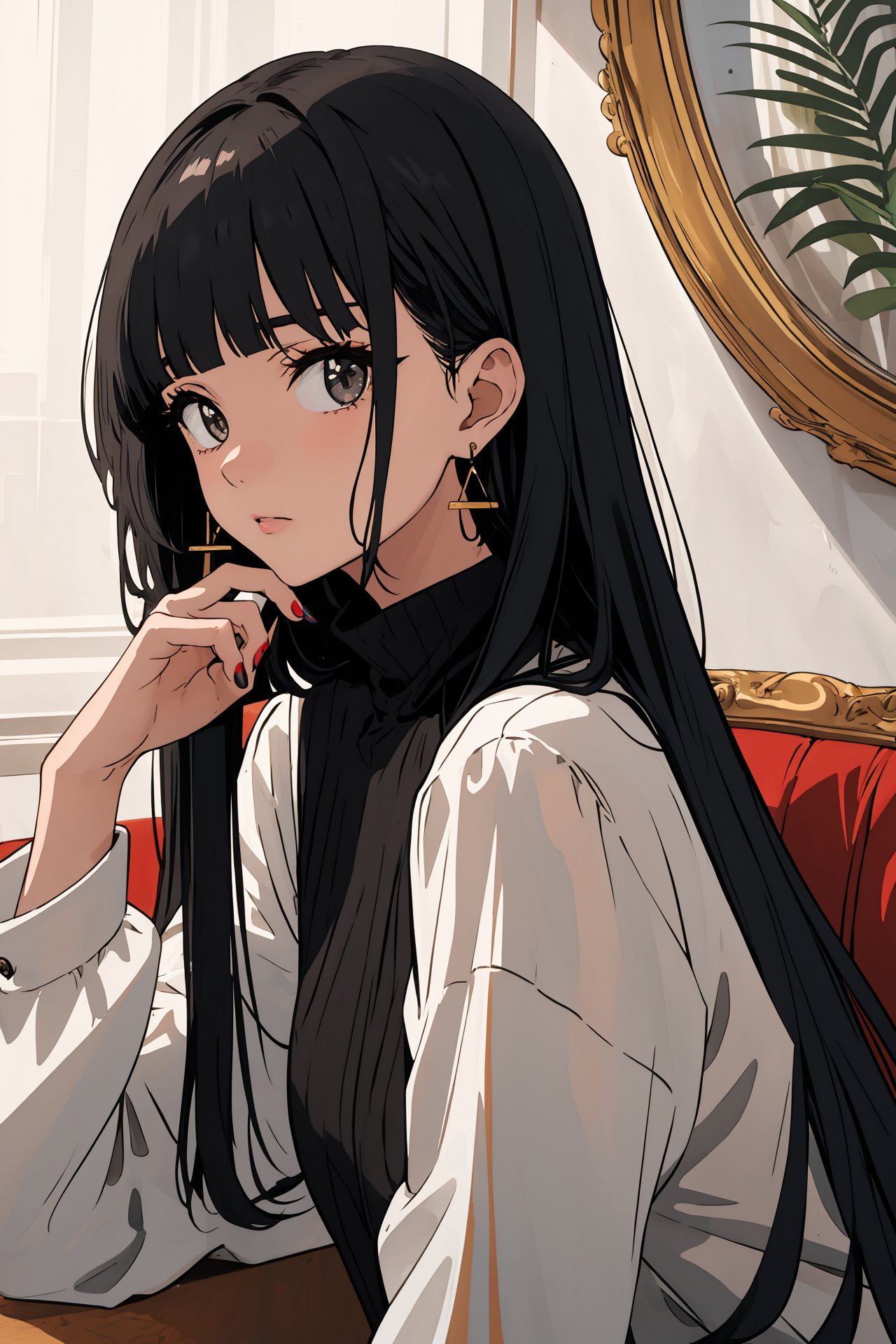 (best quality, masterpiece, highres),1girl,solo,earrings,blunt bangs,black hair,long hair,nail polish,hand up,upper body,dynamic_angle,looking at viewer,