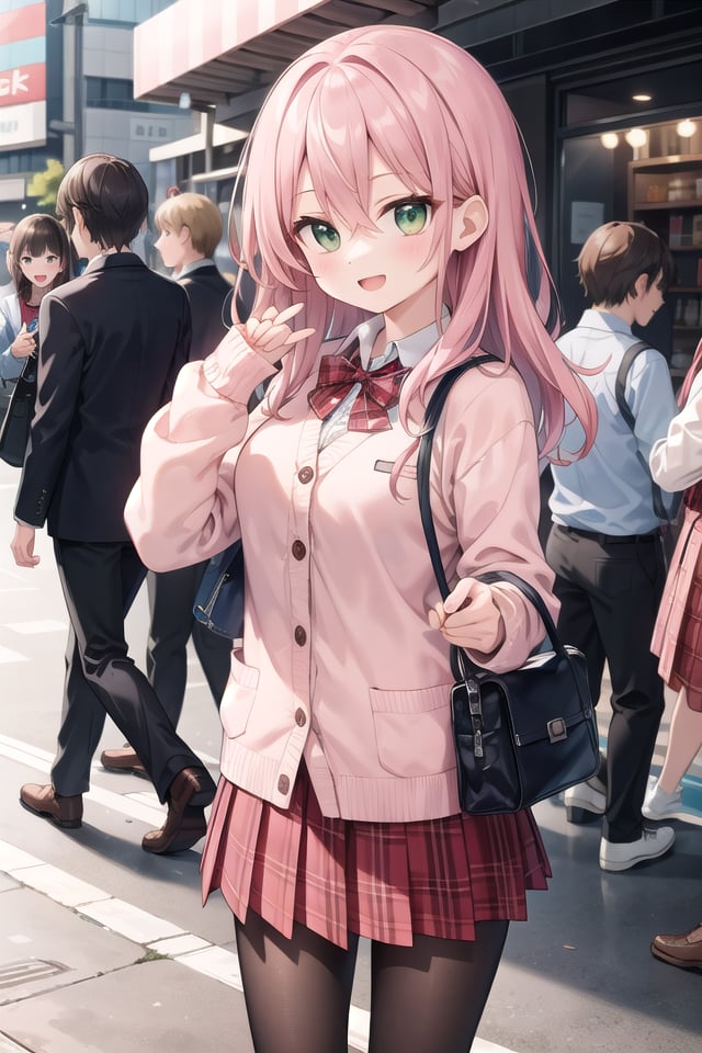 insanely detailed, absurdres, ultra-highres, ultra-detailed, best quality,1girl, solo, nice hands, perfect handsBREAK(School Uniforms:1.2), (pink cardigan is fit body:1.4), ((do up a buttons, not loose):1.5), ((long sleeve, sleeves past wrists):1.2), (inner wear is white collared-shirt:1.3), (red plaid-pattern bow:1.3), (red plaid-pattern pleated skirt:1.3), ((dark-brown pantyhose, loafers):1.2), (nsfw:-1.5)BREAKhappy smile, laugh, open mouthBREAK,standing, cowboy shot, looking at viewerBREAKslender, kawaii, perfect symmetrical face, ultra cute girl, ultra cute face, ultra detailed eyes, ultra detailed hair, ultra cute, ultra beautifulBREAKshibuya, akihabara, tokyo, street, crowd, cityscape, depth of field, ultra detailed backgroundBREAKmedium breastsBREAKred hair, green eyes, long hair, hair between eyes