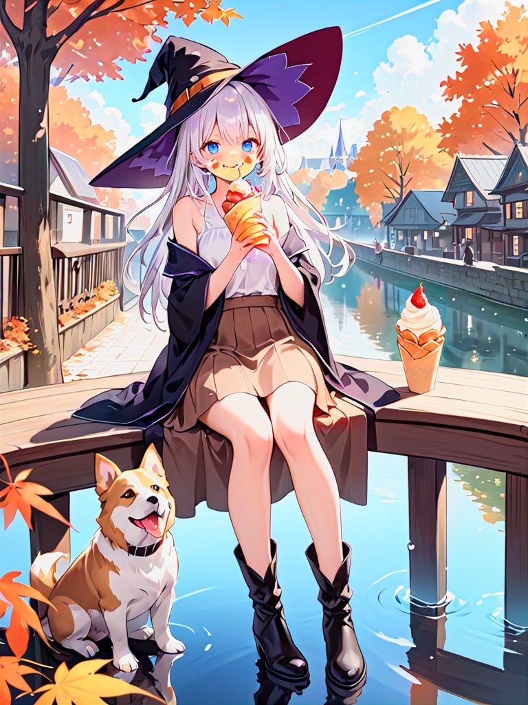 (masterpiece),(bestquality),crepe,1girl,elaina (majo no tabitabi),broom,hat,blue eyes,outdoors,witch hat,cream on face,long hair,skirt,food,food on face,black footwear,holding food,bangs,black headwear,holding,day,hair between eyes,shirt,bag,tree,sitting,cover image,dog,off shoulder,boots,looking at viewer,tongue out,solo,blush,tongue,long sleeves,railing,building,witch,black skirt,smile,black robe,eating,:q,robe,pointy footwear,ankle boots,white hair,open clothes,full body,autumn leaves,white shirt,wide sleeves,water,reflective water,fruit,bare shoulders,sleeveless shirt,holding broom,floating hair,closed mouth,brown skirt,two-sided fabric,reflection,cream,brown shirt,sky,blue sky,licking lips,leaf,