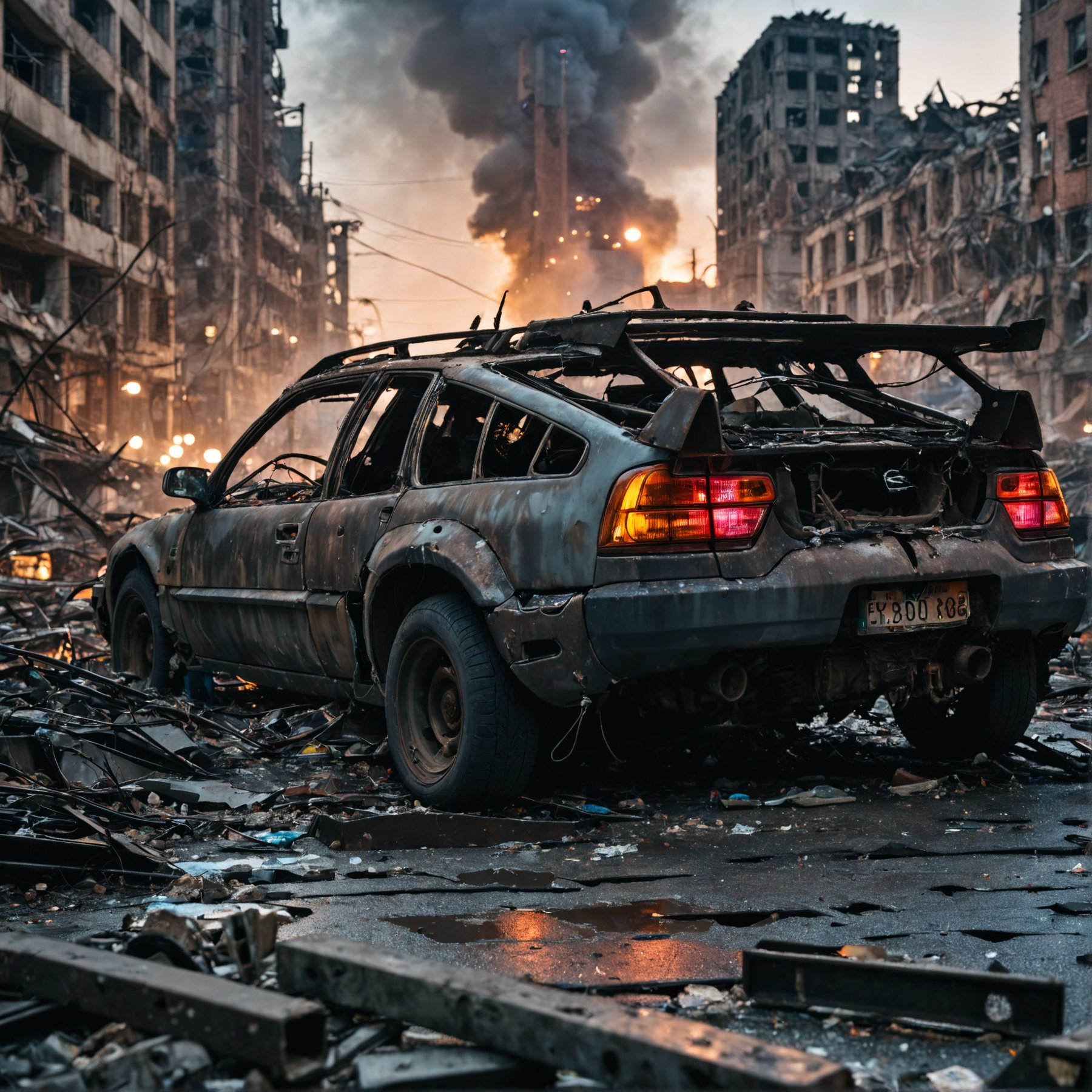 Closeup Photo of a cyberpunk car, in a destroyed city after a nuclear blast, post apocalyptic, high quality photography, 3 point lighting, flash with softbox, 4k, Canon EOS R3, hdr, smooth, sharp focus, high resolution, award winning photo, 80mm, f2.8, bokeh