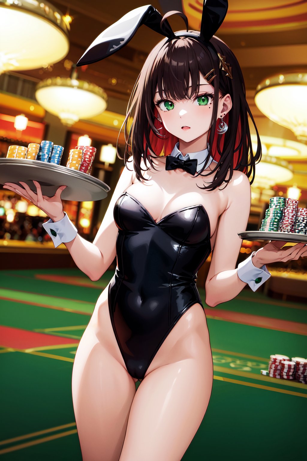 masterpiece, best quality, highres, aayui, medium hair, multicolored hair, hair ornament, ahoge, green eyes, mole under eye, earrings, <lora:hizuki_yui_v1:0.7>, playboy bunny, hairband, rabbit ears, casino, holding tray, 