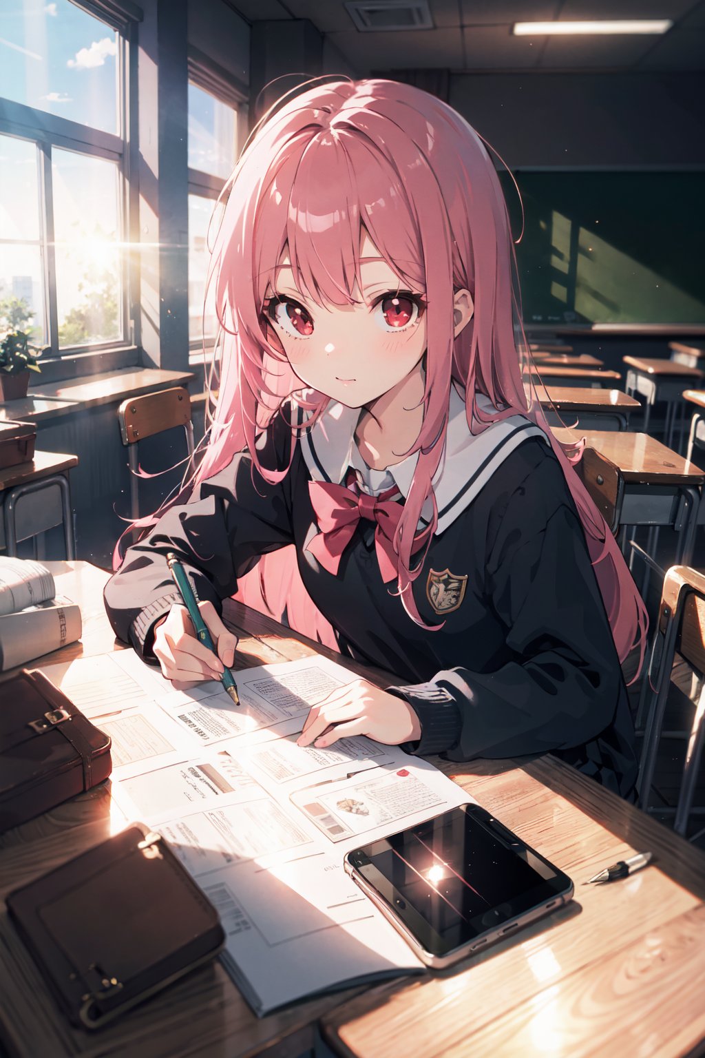 masterpiece,best quality,(ray tracing, reflection light, film grain), speed lines, sunlight,(wide shot:1.3),classroom,1girl,loli,solo,[pov across desk],white school uniform,(holding pen),beautiful detailed face,low-tied long hair,(pink hair),red eyes,