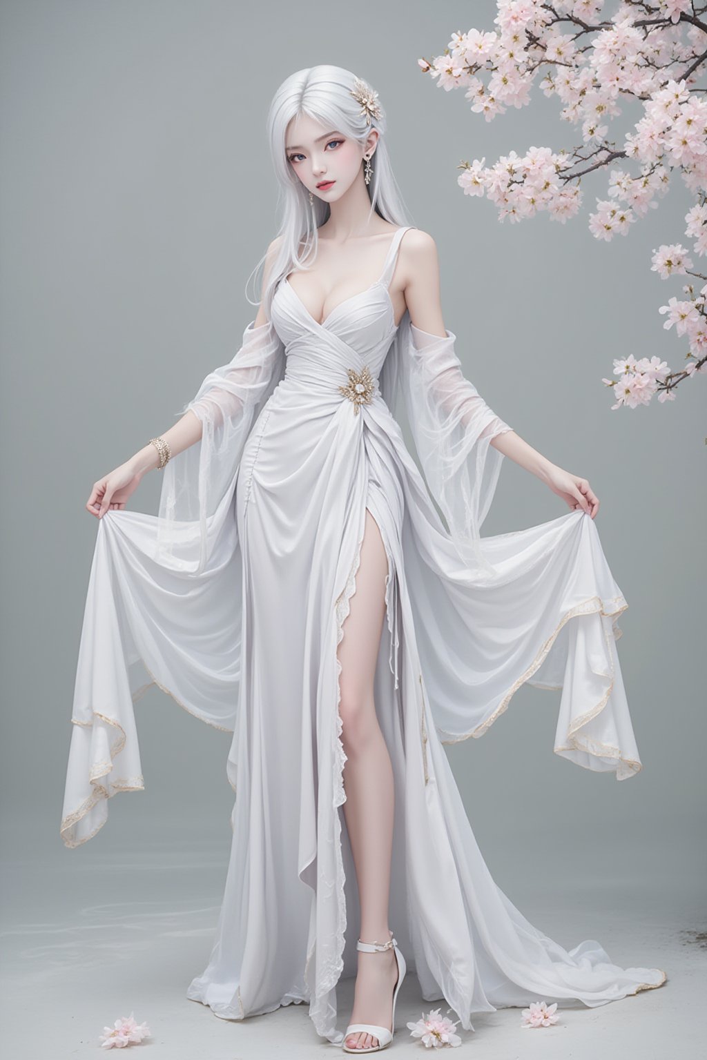 1girl,solo,dress,white dress,long hair,full body,high heels,flower,white hair,standing,hair ornament,jewelry,bare shoulders,looking at viewer,white footwear,breasts,cherry blossoms,