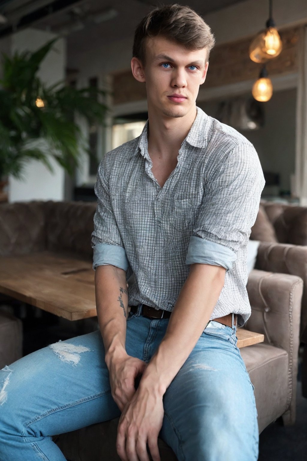 <lora:JeorgV3:1> (Jeorg),  a photorealistic candid still, sitting at a cafe, jeans and white buttoned up dress shirt, (fit 20 year old twunk), muscular fit build, skinny waist, light blue eyes, clean shaven, smooth everywhere, ((fully clothed)), skinny fit, artistic shot, light and shadows, RAW photo, detailed photo, gorgeous, shallow depth of field, bokeh, volumetric lighting, (surreal:0.4), hyper detailed photorealistic life-like accurate proportional 8k sharp focus, (accurate cinematic lighting), photorealistic detail, (selective focus:0.6)