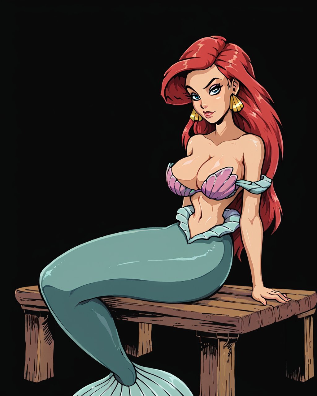 score_9, score_8_up, score_7_up,zPDXL,Akaburstyle, 1girl,solo, blue eyes, looking at viewer, long hair,breasts,large breasts,simple background,cleavage,bare shoulders,jewelry,sitting,red hair,earrings,makeup,monster girl,black background,mermaid,shell,shell bikini<lora:AkaburV2_PDXL:0.95>