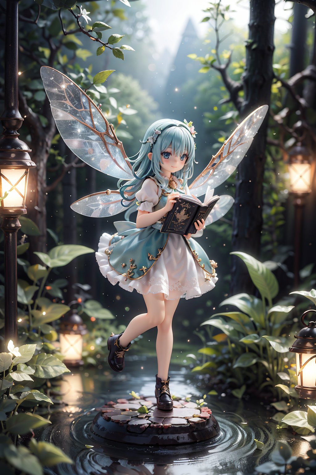 1girl, solo, <lora:lu星光小仙子v1:0.6>, stars,  simple background,  fairywings,  dynamic angle, facing viewers, holding a book, smile, sweet smile, happy,   in the woods,