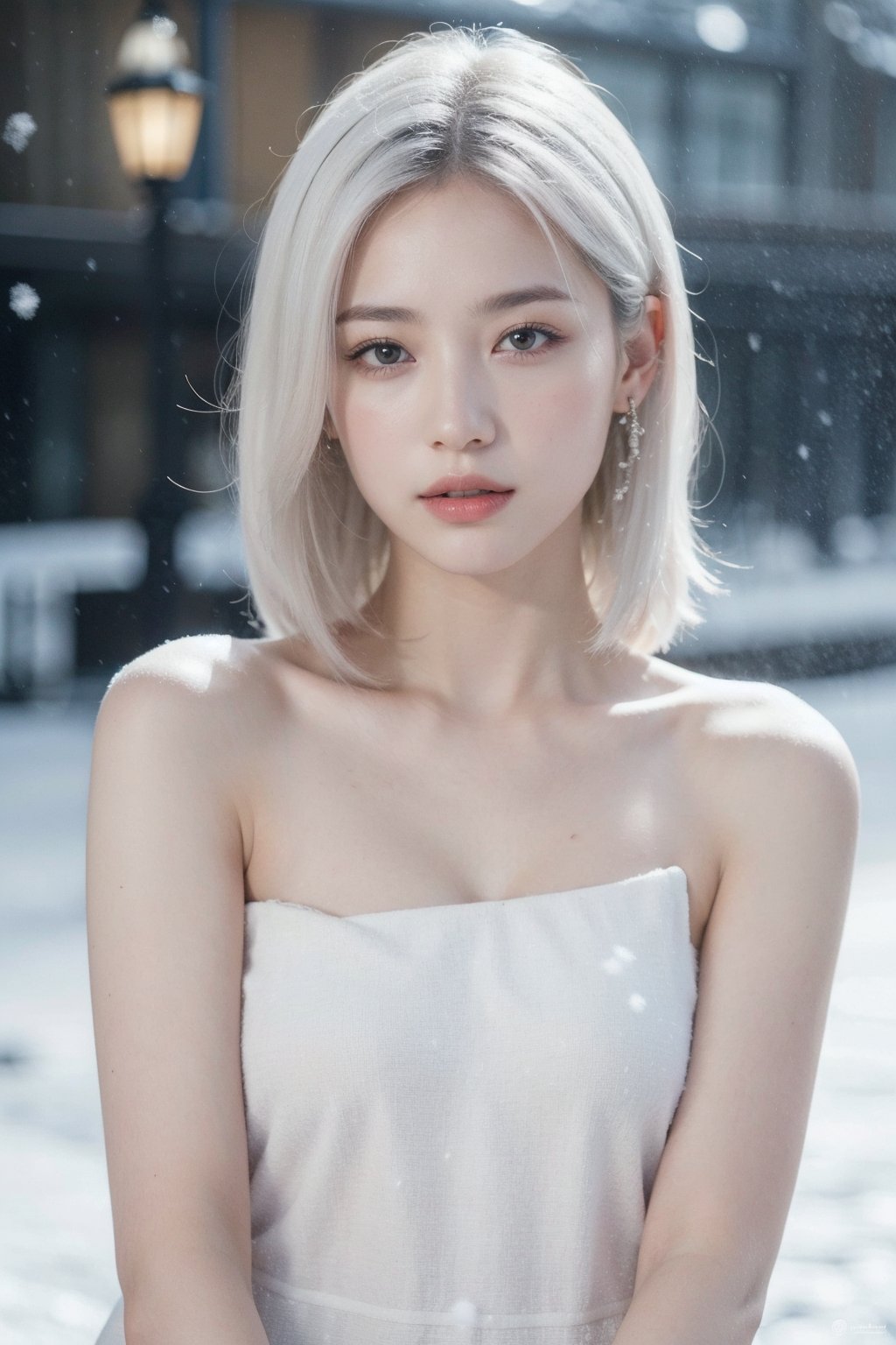 (realistic), (hyperrealism),best quality, masterpiece,ultra high res, (photorealistic:1.4),1girl,pale skin,skinny,(looking at viewer),bare shoulder, (white hair,) snowing outdoor, looking at viewer,upper body,