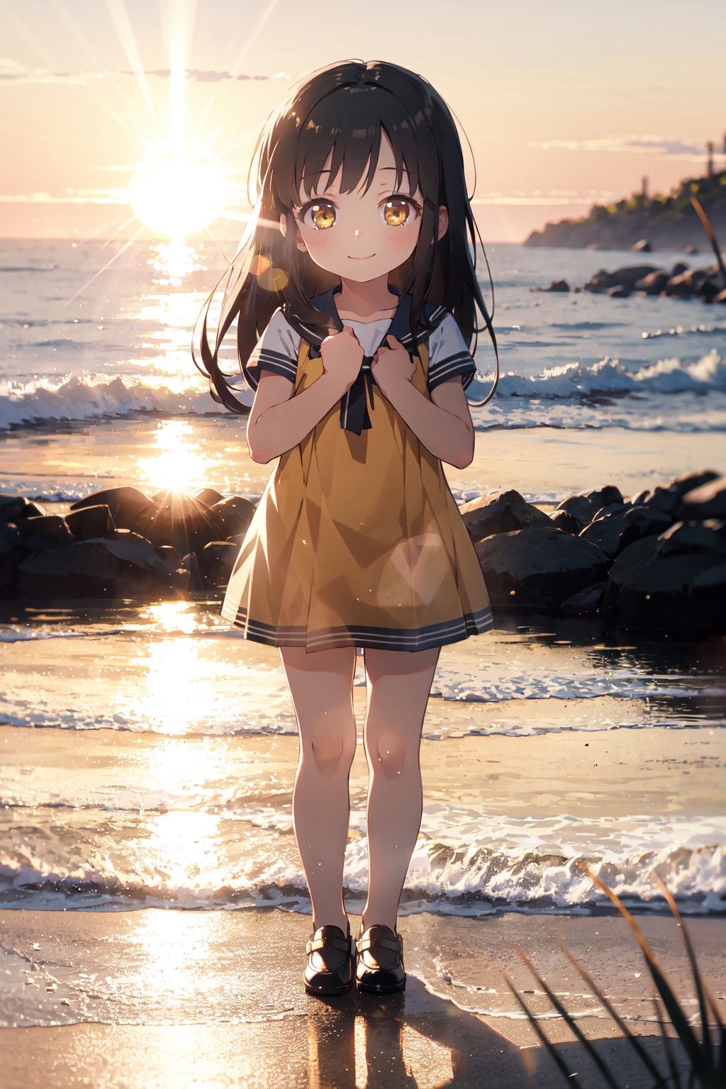 masterpiece,best quality,(ray tracing, reflection light),sunlight,1girl, (loli, ),(child),BLACK LONG HAIR, YELLOW EYES, look at viewer, full body, warm smile, seaside, Golden hour makes everything warm and romantic a beautiful woman, golden hour, rim lighting, warm tones, sun flare, soft shadows, hazy glow