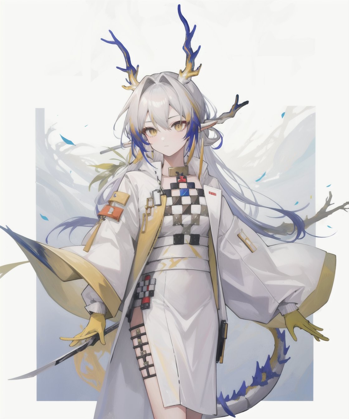 <lora:方舟黍:1:lbw=char>,1girl,shu(/arknights),horns,high quality,long sleeves,white dress,yellow gloves,white coat,dragon tail,tail,jewelry,solo,, (masterpiece,best quality:1.2),absurdres, high quality,