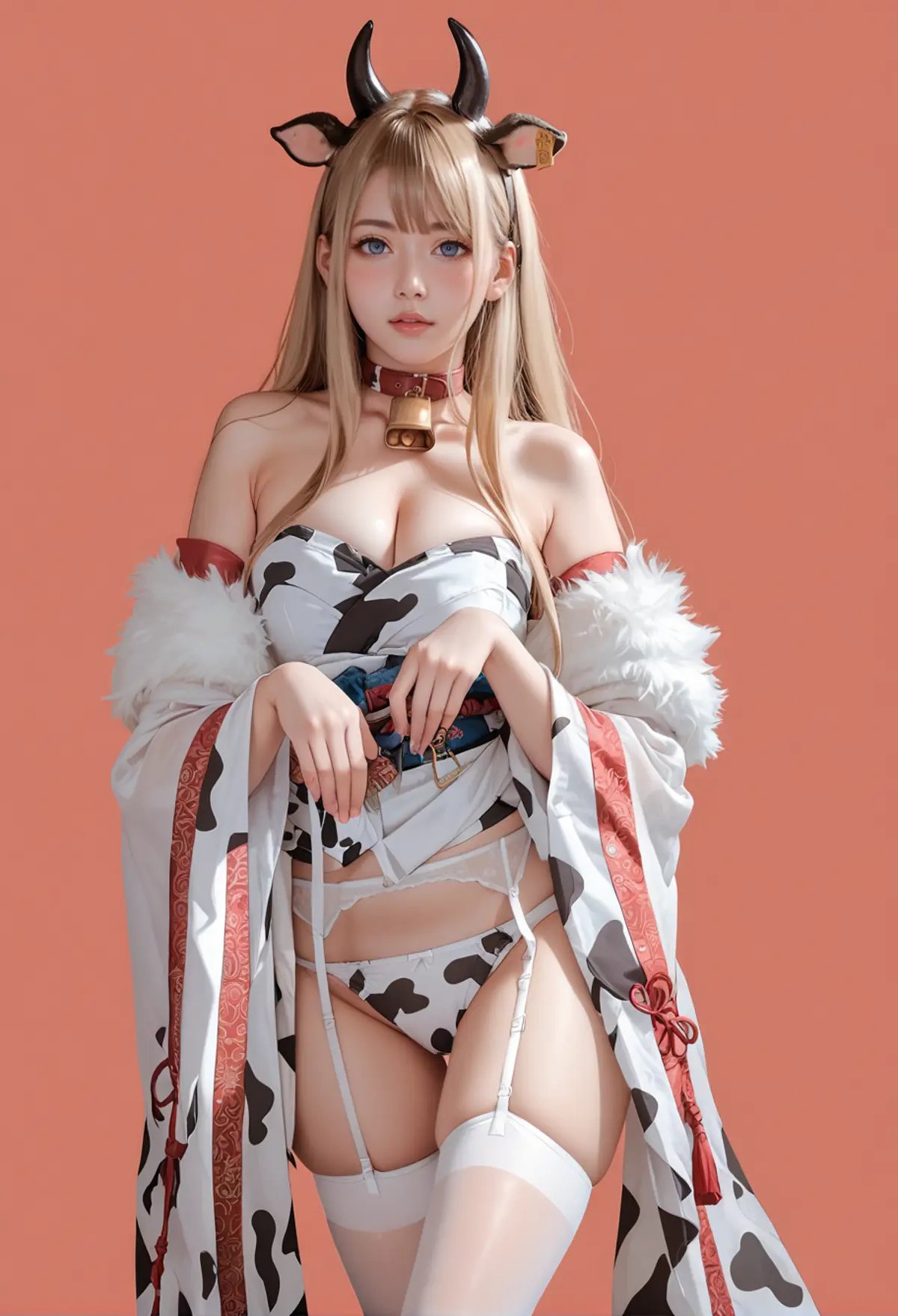 score_9,score_8_up,score_7_up,8k,hd,blush,cute face,1girl,red background,solo,blonde hair,very long hair,,ruanyi0600,animal print,bare shoulders,cow ears,cow horns,detached sleeves,fur trim,garter belt,garter straps,neck bell,white kimono,white thighhighs,wide sleeves,<lora:0600 Niu Niu Kimono_v1_pony:1>