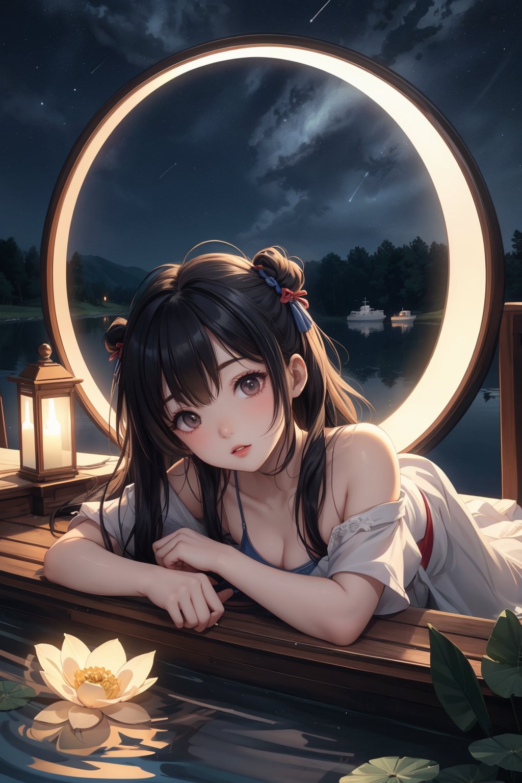 (((boat))),moon,1girl,(((watercraft))),lily pad,water,solo,((night)),reflection,lotus,lying,(((star (sky)))),ripples,sky,night sky,(((starry sky))),black hair,afloat,on sidet,Chinese style,hanfu,