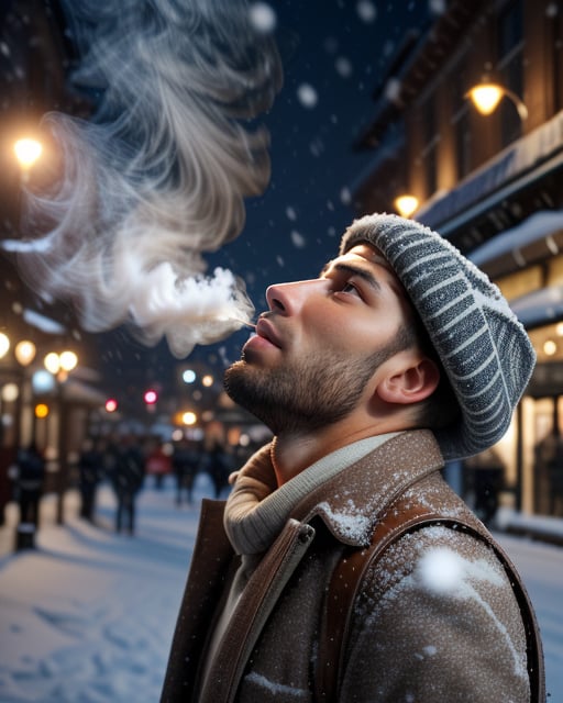 best quality, masterpiece, highres, detailed, realistic, .35mm, <lora:Tools - add_detail:0.2>, SnowWonder,  <lora:Scene - SnowWonder:0.8>, excited, snowing, city,  upper body, BREAK 1man in his 30's looking up while he blows smoke into the air, 