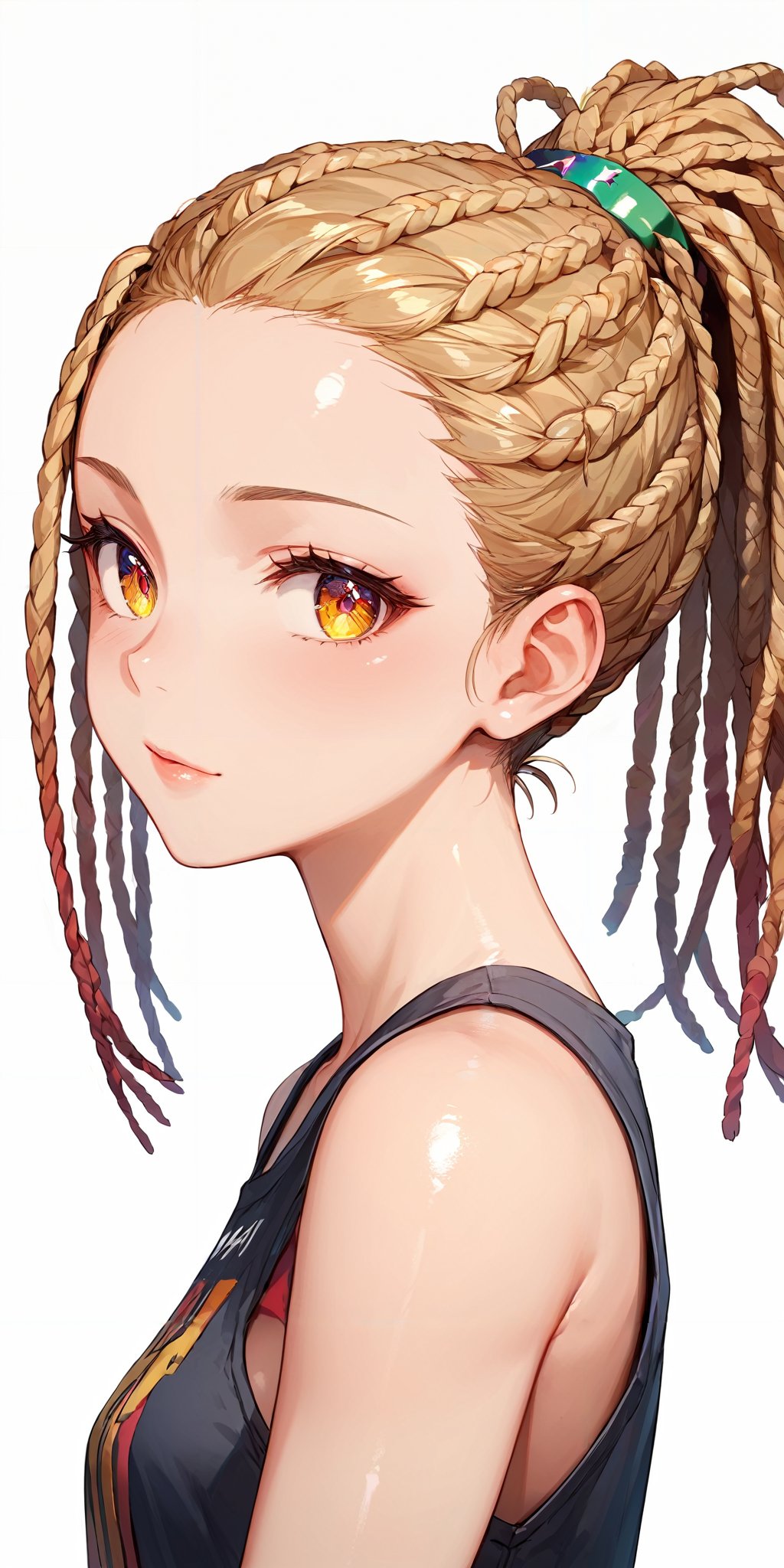 score_9, score_8_up, score_7_up,source_anime, high res image,masterpiece,best quality,girl,cute face,clear skin,shiny hair,ultra detailed eyes,simple background , <lora:dreadlocks_pony_V1.0:1.2> dreadlocks,ponytail