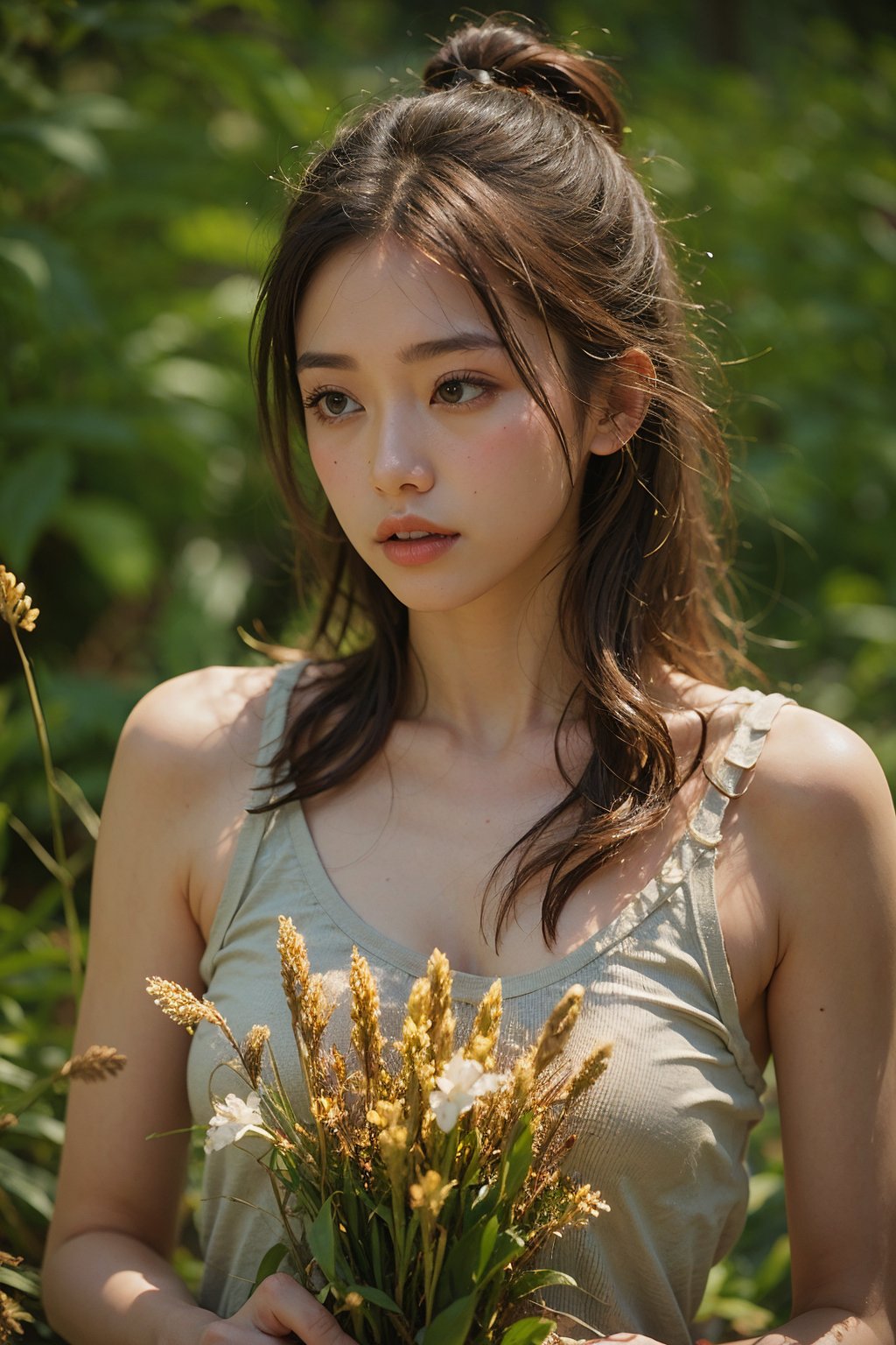 1girl,flowers,(yellow reed:1.1),forest,solo,long hair,(realistic:1.1),white background,brown hair,simple background,lips,parted lips,looking to the side,forehead,looking away,black hair,bare shoulders,signature,brown eyes,tank top,black eyes,(depth of field:1.2),blurry,Tyndall effect,<lora:linhe luweidang_20231022151238-000008:0.7>,