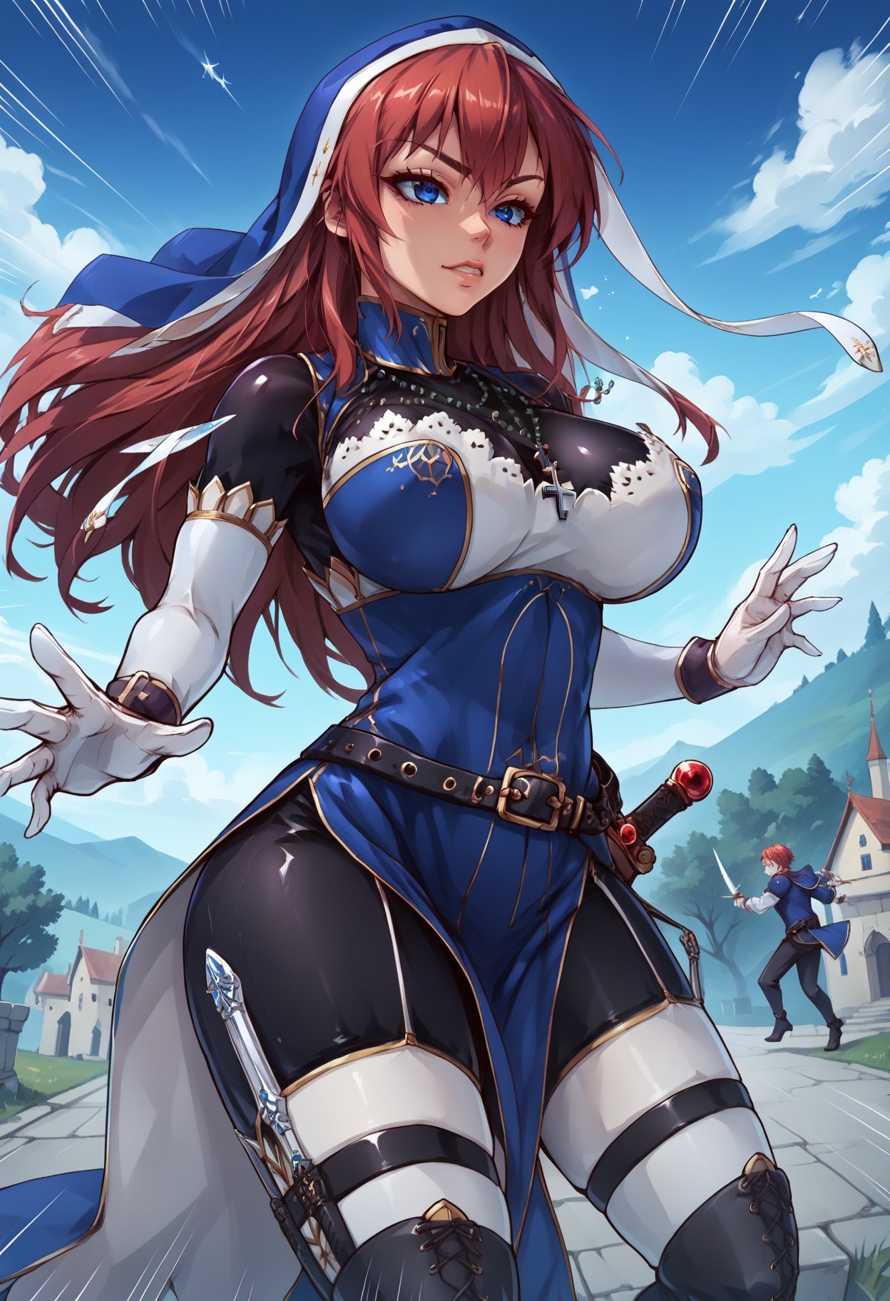 score_9, score_8_up, score_7_up, score_6_up, score_5_up, score_4_up, source_anime,  BREAK,full boy dynamic pose, holding a dagger, speed lines,, 1girl,battleNun, cross necklace, habit, red hair, blue eyes, <lora:battleNunPony:1>, large breasts,  in a medieval courtyard, 