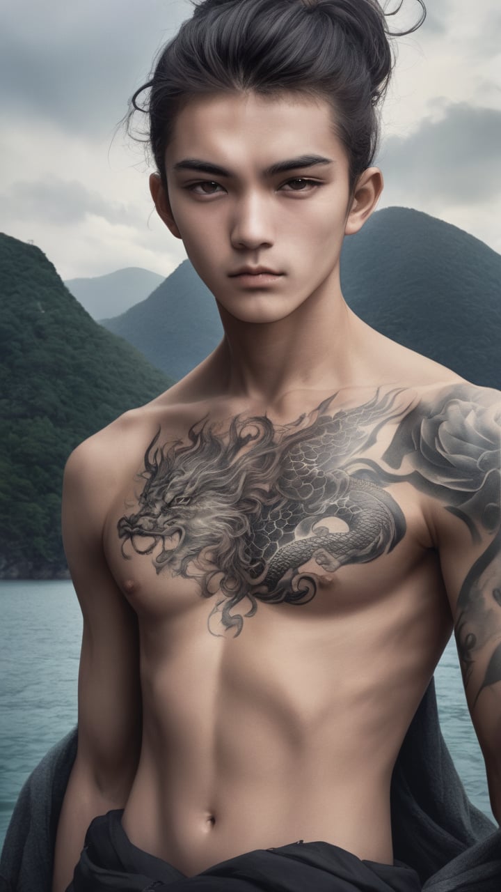 a 20 y.o ancient chinese male swordsman,a hyperrealistic painting inspired by lee jeffries,zbrush central contest winner,hyperrealism,steven mccurry portrait,photography alexey gurylev,alessio albi,prismatic colors,(muscular:1.2),dragon tattoo,metallic luster,ink mountains cloud sea background,