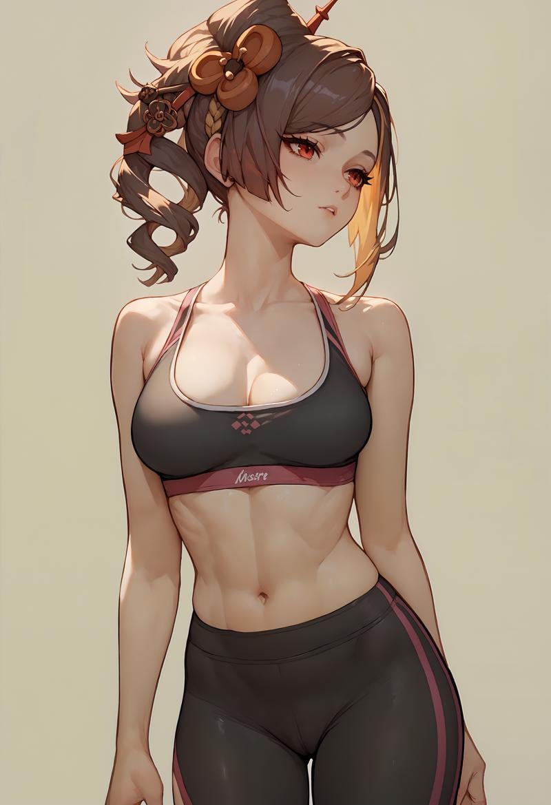 (score_9, score_8_up, score_7_up), 1girl, chiori, Animal print sports bra and leggings set, simple background, <lora:chiori-giPO-v1a-000007:0.8>