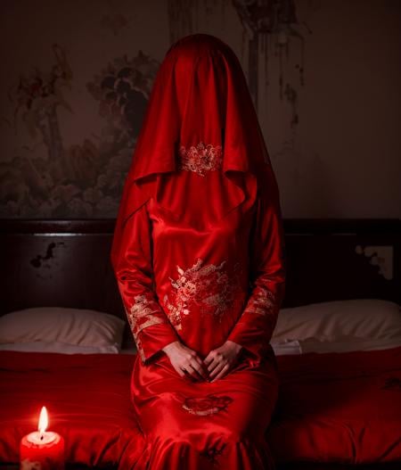 1girl,(faceless),red bridal veil,china_dress,long_sleeves,sitting on bed,solo,blood_trail,indoors,ruins,the red candle,no humans,red theme,horror \(theme\),Chinese horror,<lora:Chinese_horror_v1:0.7>,