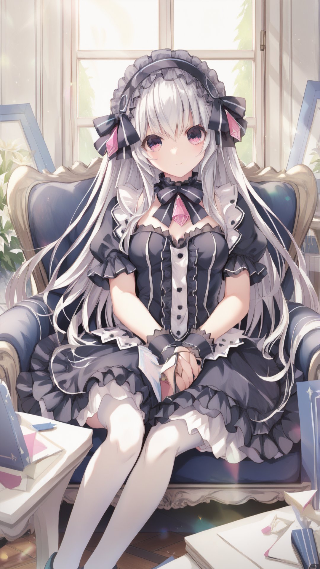 Black frilled dress, masterpiece, score_9, score_8_up, score_7_up best quality, long hair, hairband, hair ribbons, <lora:fftiara:0.9>, fftiara, White stockings, Short dress, Pink eyes