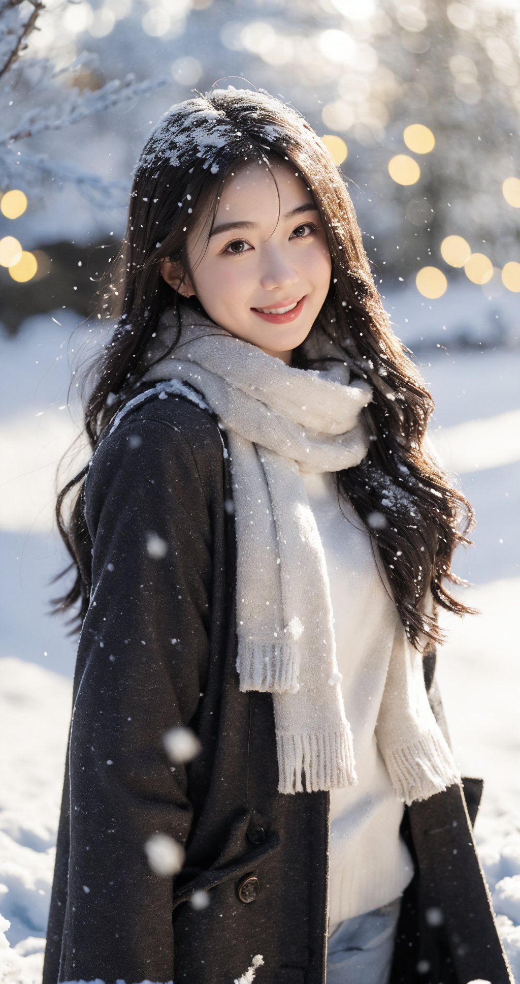 1girl,(snow:1.2),(snowing:1.2),snow,solo,scarf,long hair,smile,brown hair,bokeh,realistic,coat,blurry,<lora:xuejing_20231110142314:0.6>,