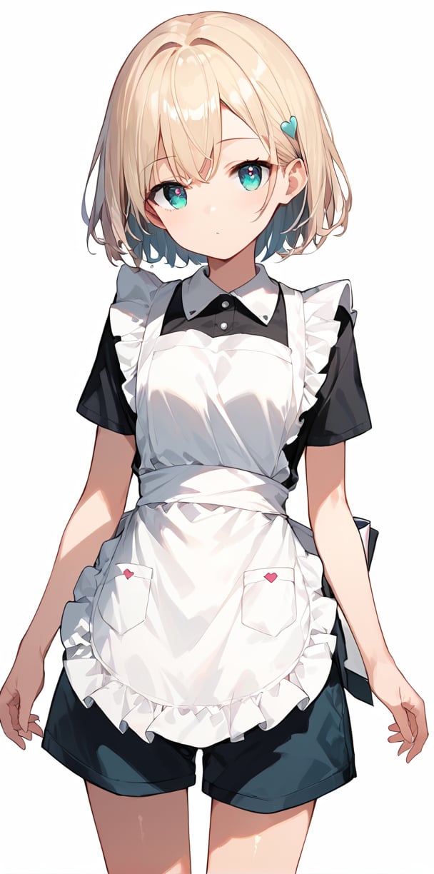 score_9, score_8_up, score_7_up,source_anime, high res image,masterpiece,best quality,girl,cute face,clear skin,shiny hair,ultra detailed eyes,simple background, <lora:apron_pony_V1.0:1> white apron,frills.shirt,shorts