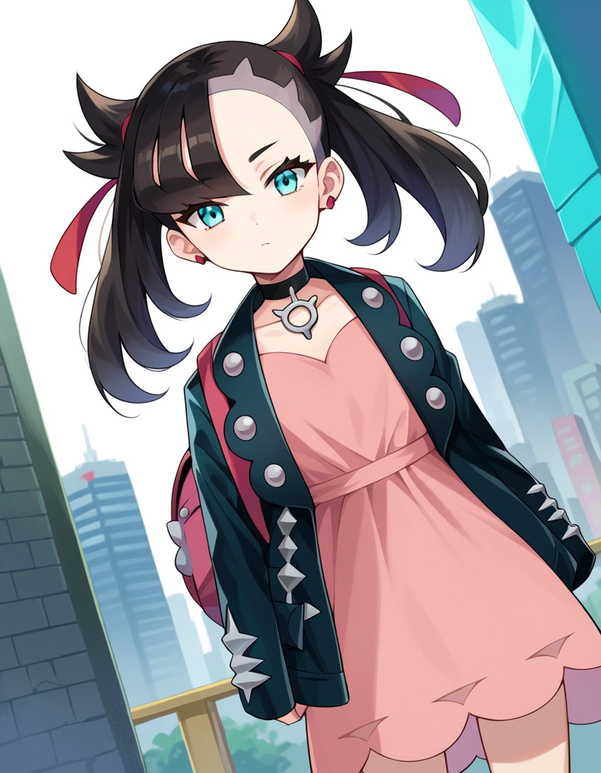 score_9, score_8_up, score_7_up, source_anime,pokemonmarnie, <lora:pokemon-marnie-ponyxl-lora-nochekaiser:1>pokemonmarnie, aqua eyes, asymmetrical bangs, asymmetrical hair, black hair, hair ribbon, long hair, red ribbon, ribbon, twintails,backpack, bag, black choker, black jacket, choker, dress, earrings, jacket, jewelry, long sleeves, open clothes, pink bag, pink dress,outdoors, cityscape,looking at viewer, cowboy shot, dutch angle,