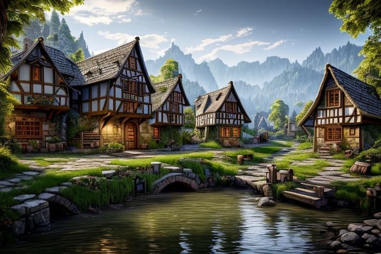 (masterpiece:1.2), (best quality,:1.2), 8k, HDR, ultra detailed, ((photorealistic)), professional light, cinematic lighting, fashion photography, ambient lighting,<lora:detail_slider_v4:2.5>, a small medieval fantasy village at a river, FanSe, DarkFantasy, <lora:FantasySettlement-10:1>, epiCPhoto