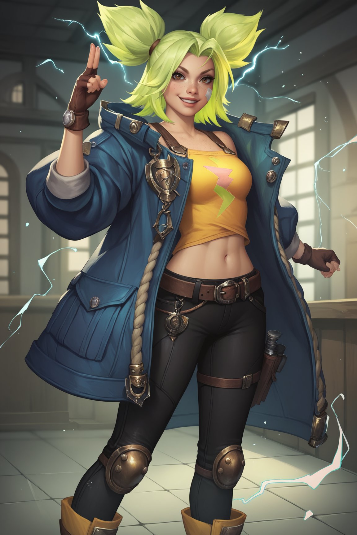 score_9, score_8_up, score_7_up, score_6_up, score_5_up, score_4_up, ZeriLoLXL, brown eyes, green hair, twintails, sidelocks, freckles, bandaid on face, medium breasts, blue jacket, open jacket, yellow midriff, gloves, fingerless gloves, black pants, belt, knee pads, boots, electricity, standing, dynamic pose, seductive smile, looking at viewer, indoors <lora:ZeriLoLXL:0.7>