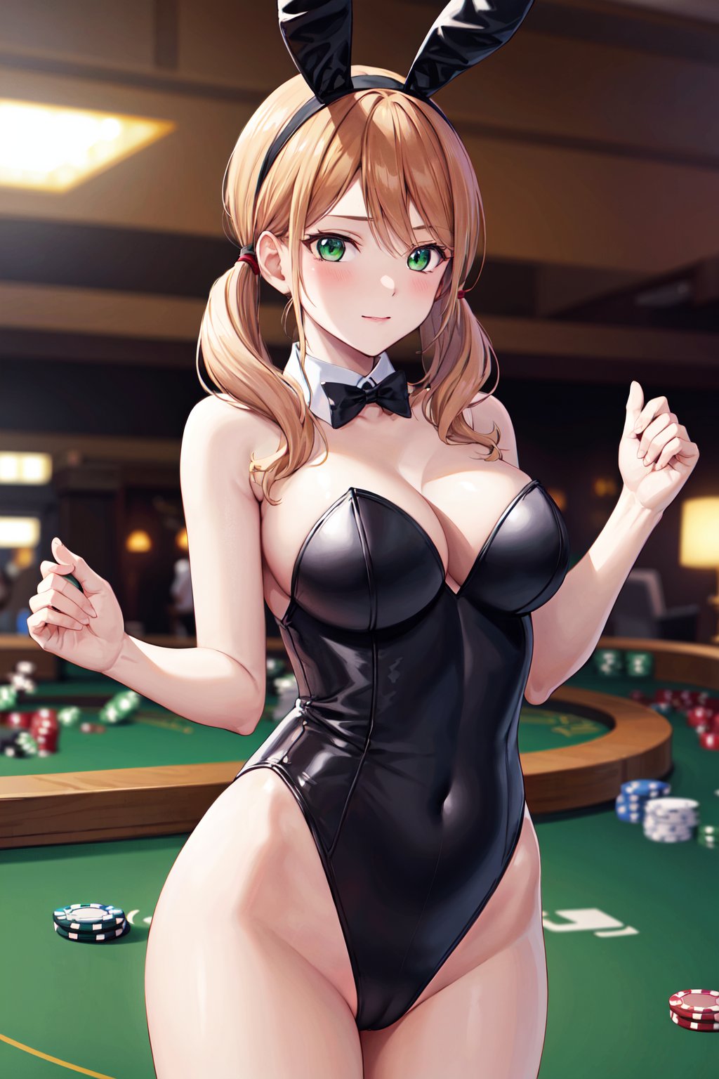 masterpiece, best quality, highres, 1girl, solo, blonde hair, low twintails, green eyes, <lora:tsukishima_riho_v1:0.7>, playboy bunny, black leotard, partially visible vulva, casino, indoors, standing, cowboy shot, 