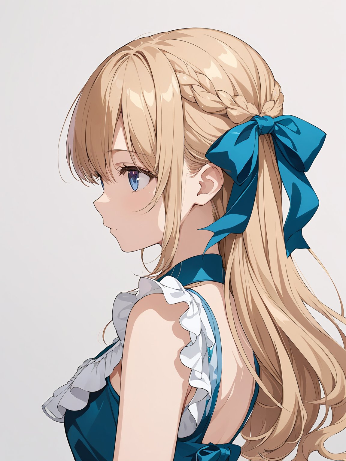 masterpiece,ultra-detailed,best quality,8K,illustration,cute face,clean skin ,shiny hair,girl,ultra-detailed-eyes,simple background, source anime<lora:add-detail-xl:1> <lora:hair ribbon_XL_V1.0:0.7> hair ribbon,cowboy shot,dress,from side