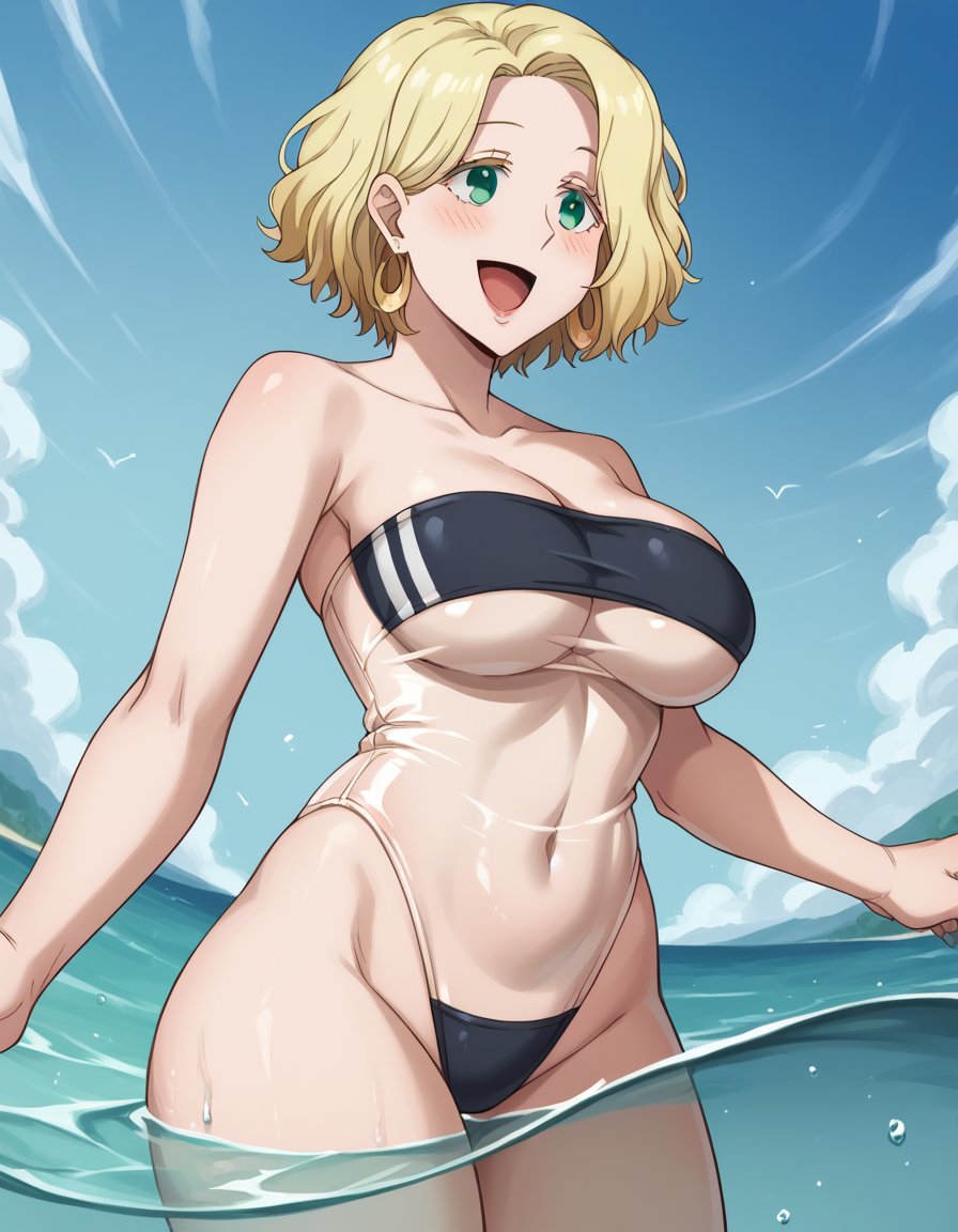 score_9, score_8_up, score_7_up, source_anime, <lora:ferris-olston-s1-ponyxl-lora-nochekaiser:1>, ferris olston, short hair, blonde hair, green eyes, mature female, large breasts,, <lora:gris-swimsuit-ponyxl-lora-nochekaiser:1>, gris swimsuit, see-through one-piece swimsuit, strapless one-piece swimsuit, double verticle stripe, highleg swimsuit, covered navel, see-through, strapless, underboob,, outdoors, beach, submerged, water, blush, smile, open mouth, , cowboy shot, dutch angle