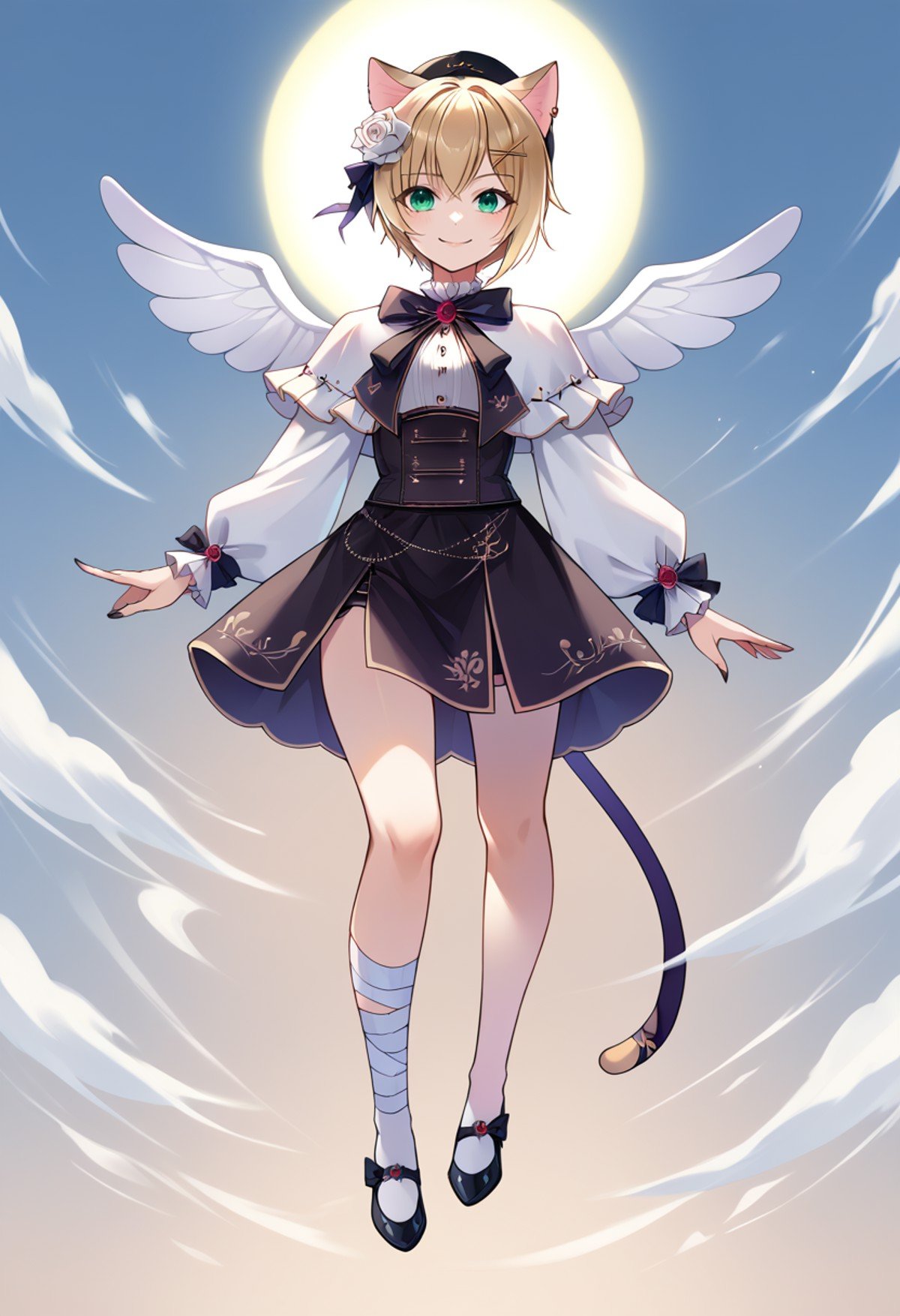 score_9, score_8_up, source_anime, 1girl, solo, NoahCat, short hair, cat ears, hair flower, hairclip, black beret, white shirt, frilled shirt, black bowtie, capelet, black corset, black skirt, bandaged leg, cat tail, angel wings, mini wings, midair, floating, smile, <lora:ChamKurumiNoahPonyXL:1>