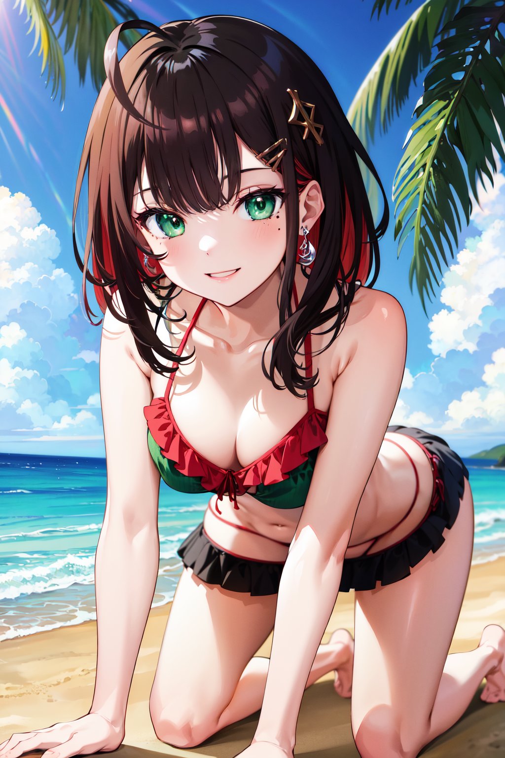 masterpiece, best quality, highres, aayui, medium hair, multicolored hair, hair ornament, ahoge, green eyes, mole under eye, earrings, <lora:hizuki_yui_v1:0.7>, micro bikini, frilled bikini, beach, smile, all fours, 